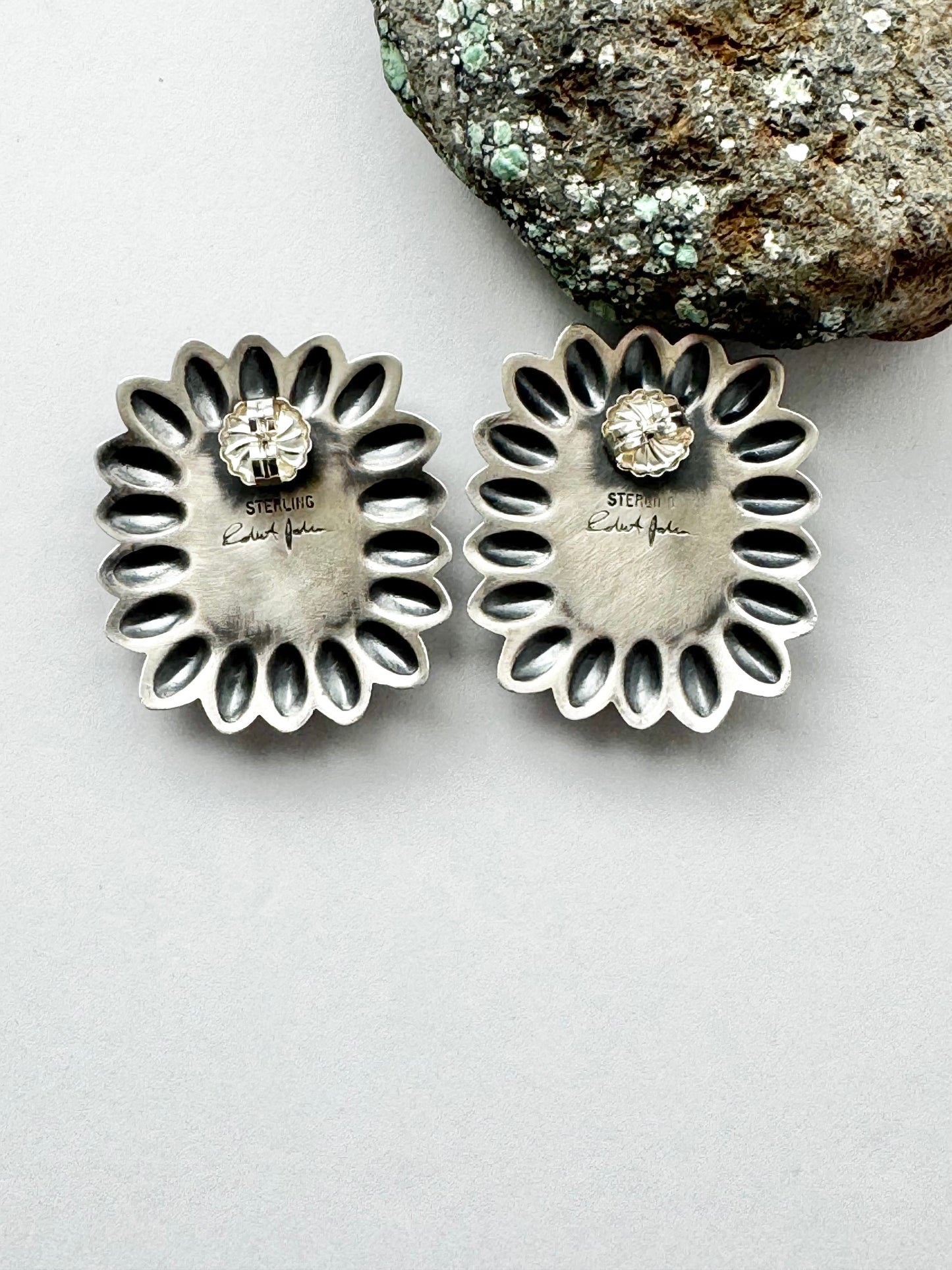 Large Concho with Rectangle Stone Dangling Earrings - King Manassa Turquoise - Sterling Silver - Native Handmade - RJ (artist)