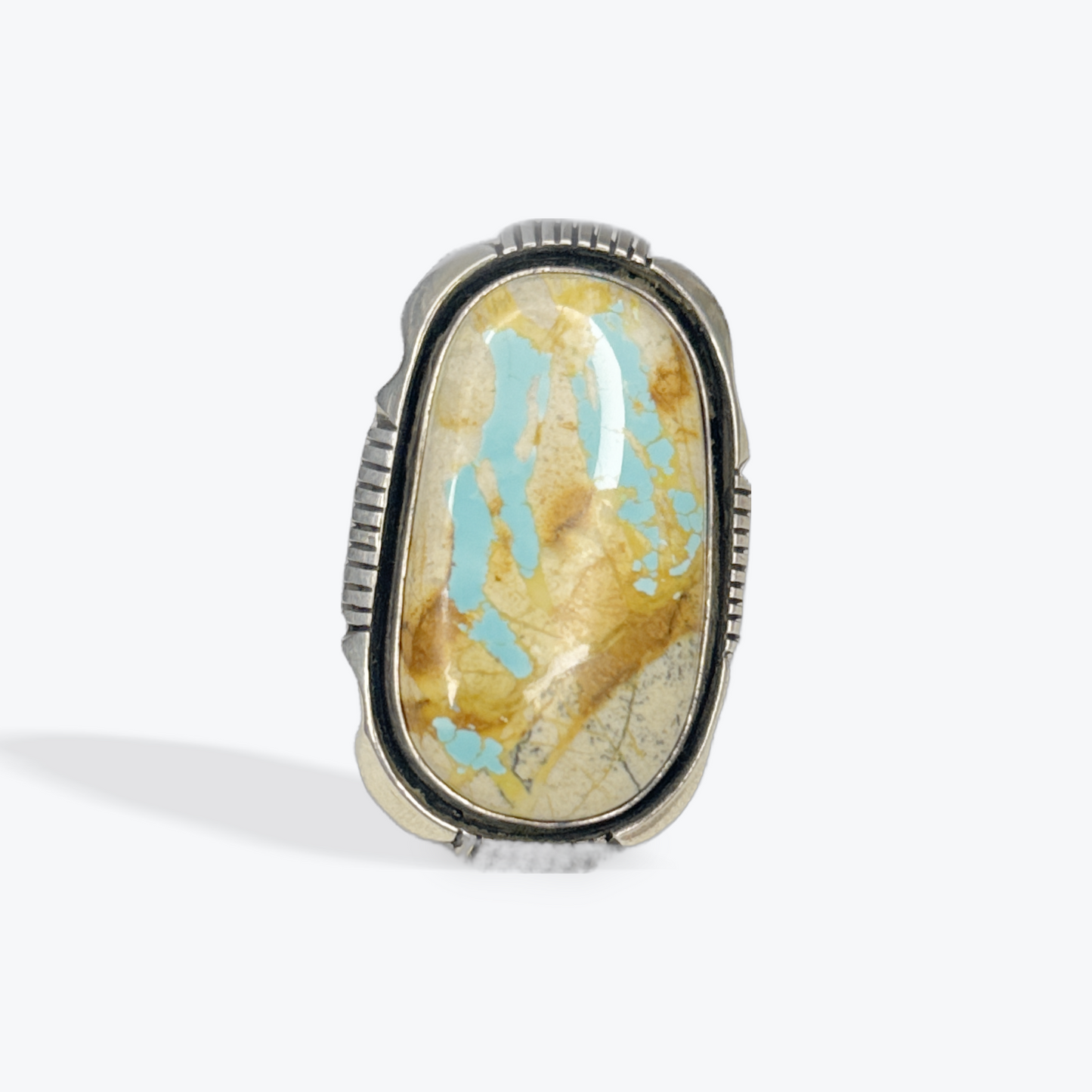 Oval Ring - Boulder Turquoise - Sterling Silver - Navajo Handmade - Lonnie Willie - Size 7.75