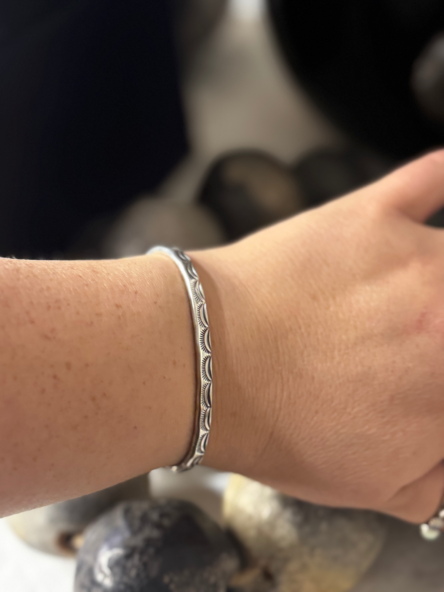Cuff Bracelet with Sun Pattern - Sterling Silver - Native Handmade - TAHE (artist)