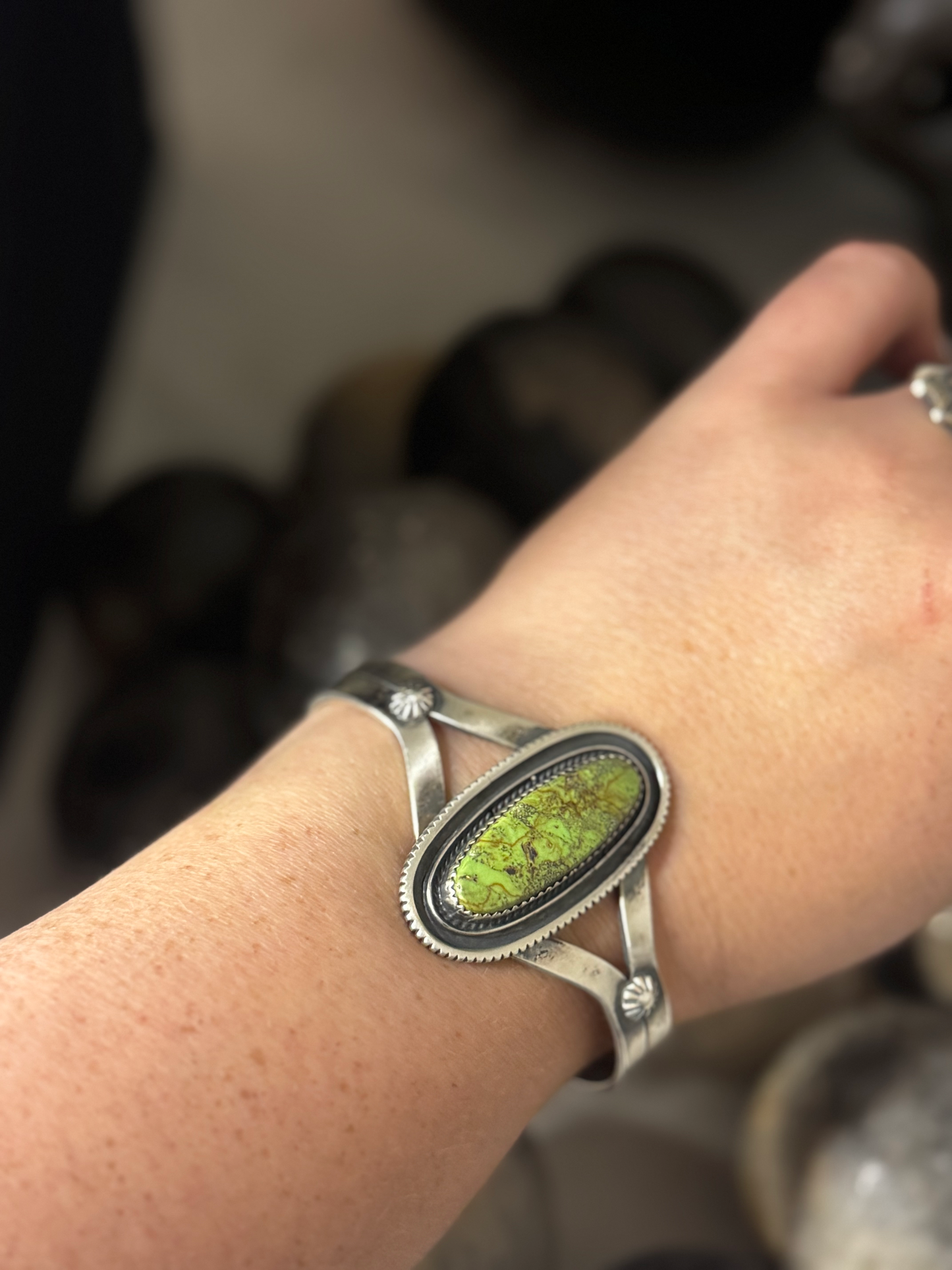 Large Stone Cuff Bracelet - Gaspeite Stone - Sterling Silver - Native Handmade - Tom Denetso (artist)