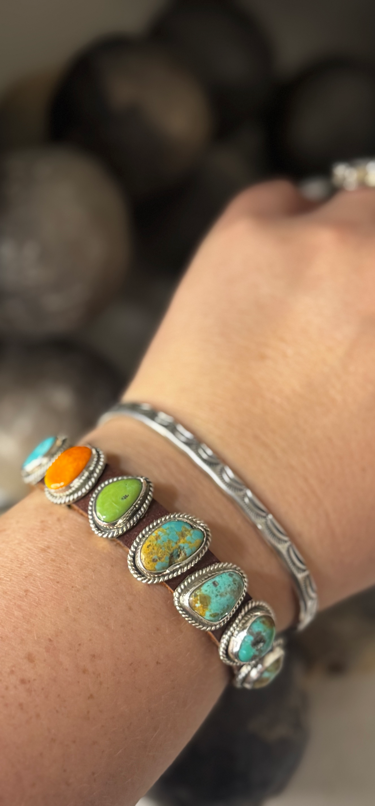 Leather Sampler Stone Bracelet - Turquoise and Spiny Oyster - Sterling Silver - Dan Morgan (artist)