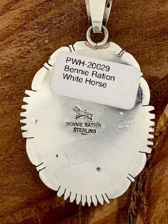 Oval Pendant with Scallops - White Horse - Sterling Silver - Native Handmade - Bennie Ration (artist)