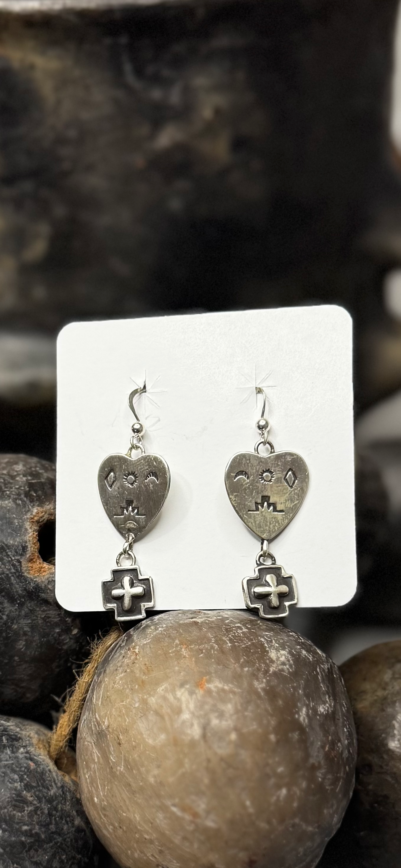 Heart Dangling Earrings with Cross - Sterling Silver - Native Handmade - Dakota T. Willie (artist)