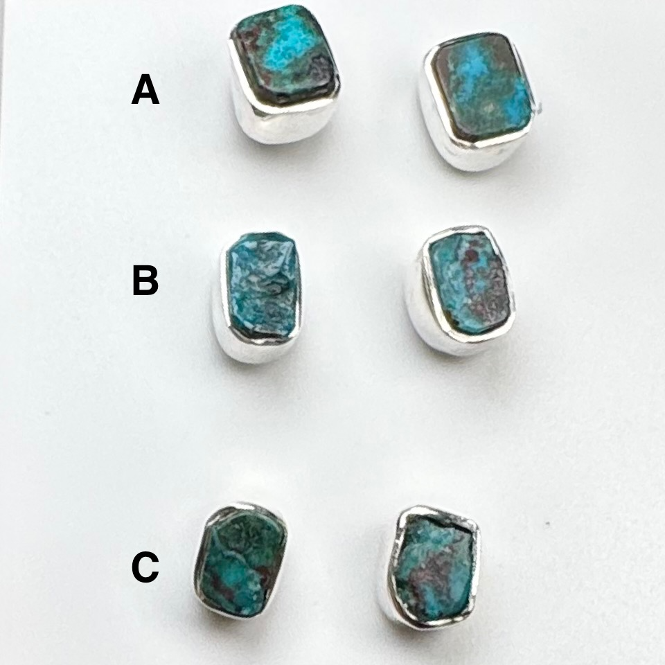 Unpolished Chrysocolla Rectangular Stud Earrings - Sterling Silver