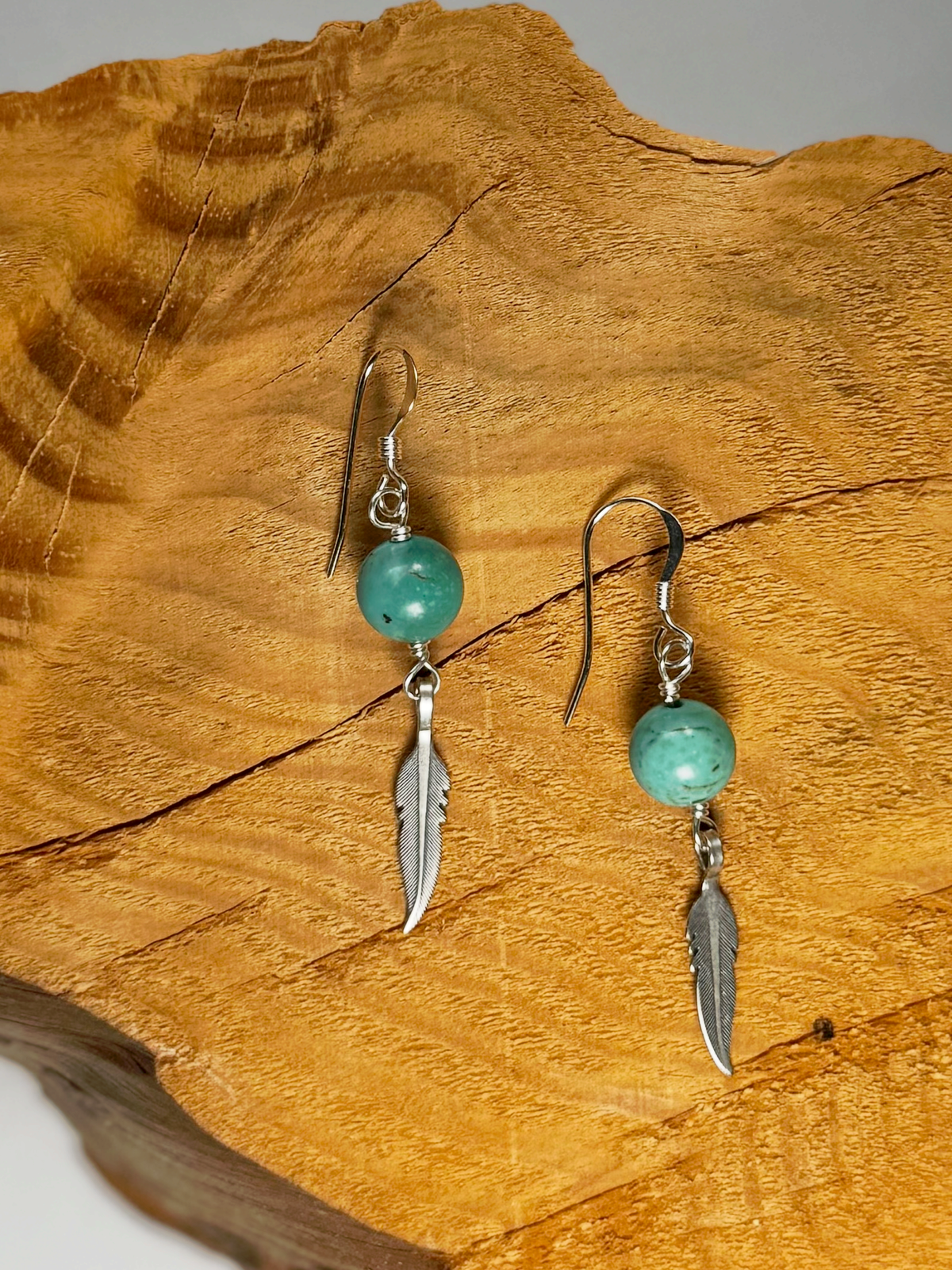 Turquoise & Feather Dangle Earrings- Sterling Silver