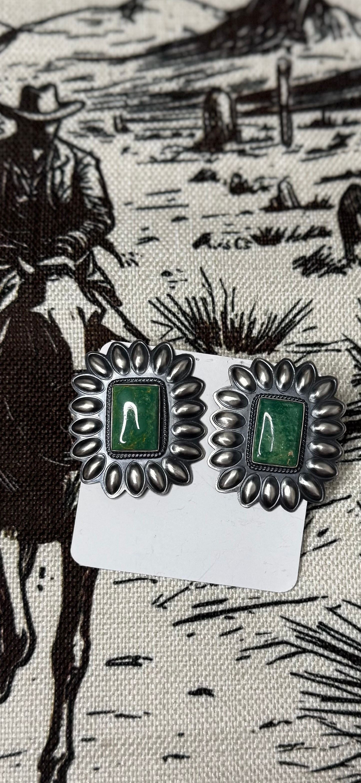 Large Concho with Rectangle Stone Dangling Earrings - King Manassa Turquoise - Sterling Silver - Native Handmade - RJ (artist)
