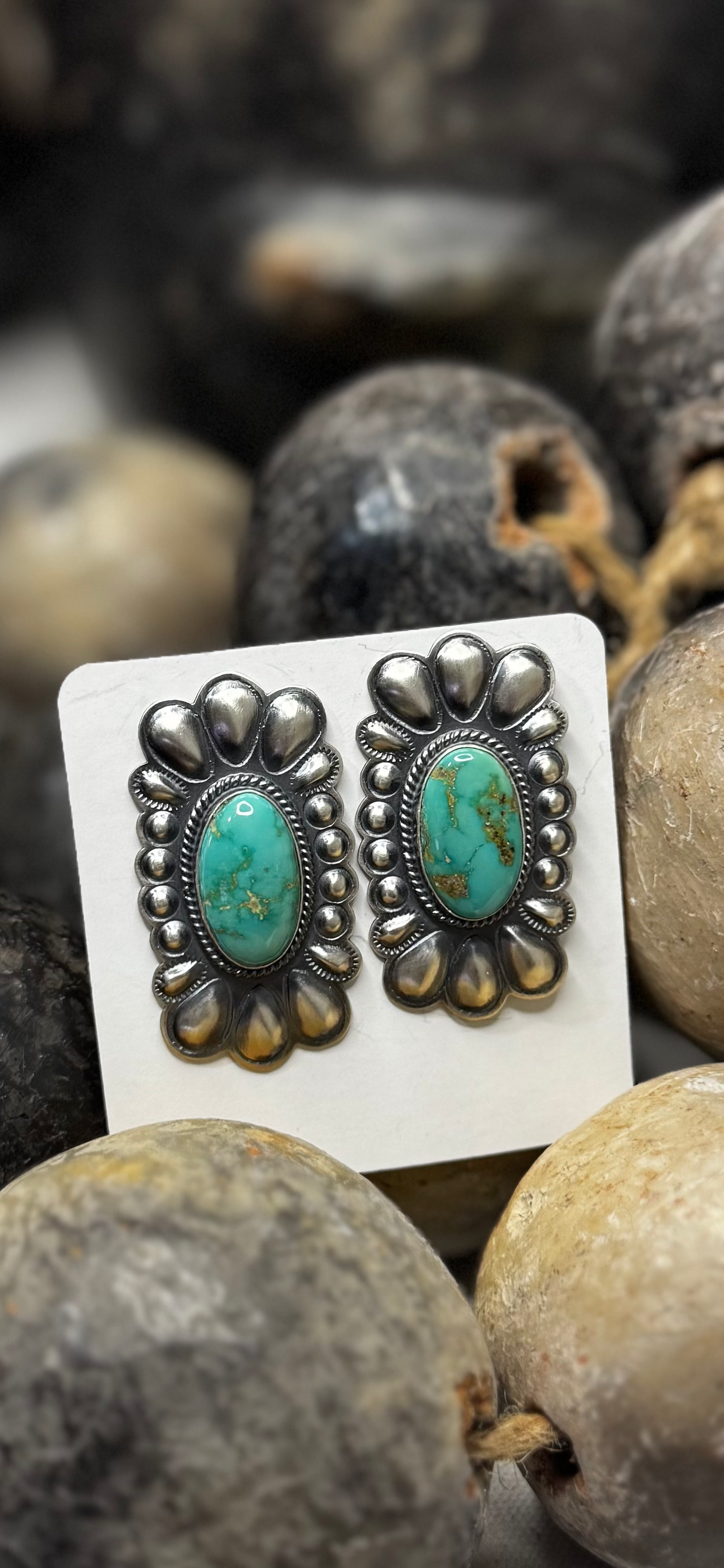 Large Concho Rectangle Earrings with Stone - King Manassa Turquoise - Sterling Silver - Native Handmade - RJ (artist)