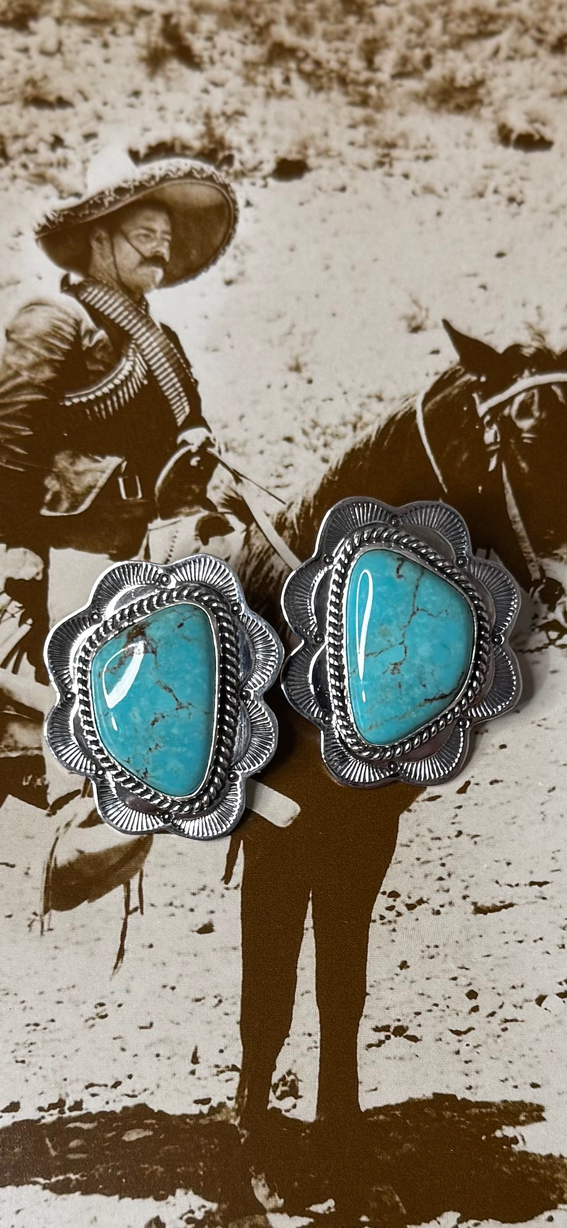 Large Ruffle Earrings with Large Stone - King Manassa Turquoise - Sterling Silver - Native Handmade - VW Yile (artist)