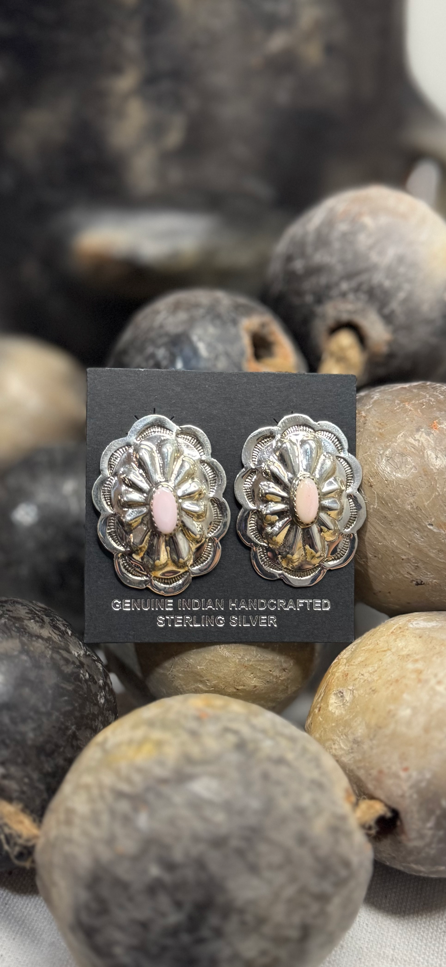 Concho Earrings with Pink Stone - Sterling Silver - Native Handmade - Y (artist)