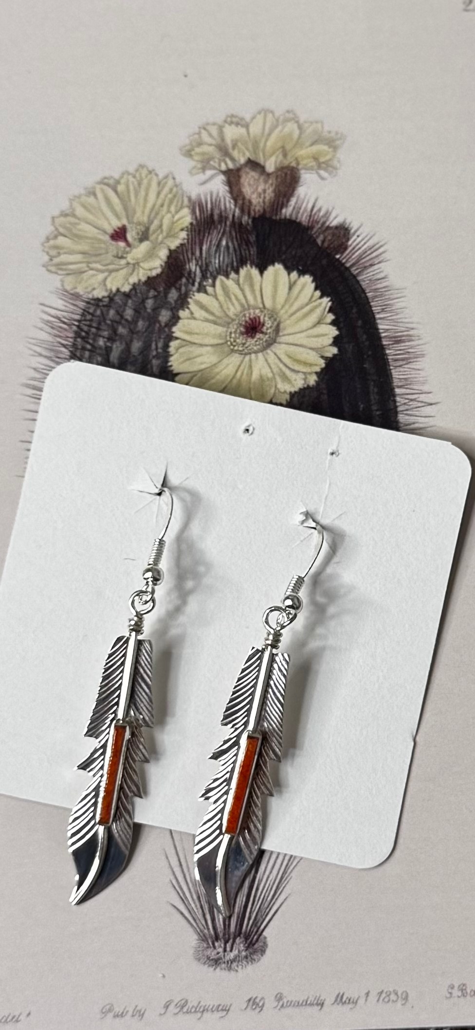 Feather Earrings with Orange Spiny Oyster - Sterling Silver - Native Handmade - BARNE (artist)