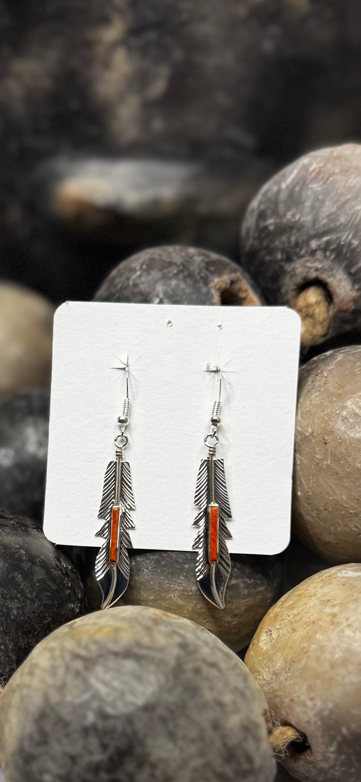 Feather Earrings with Orange Spiny Oyster - Sterling Silver - Native Handmade - BARNE (artist)