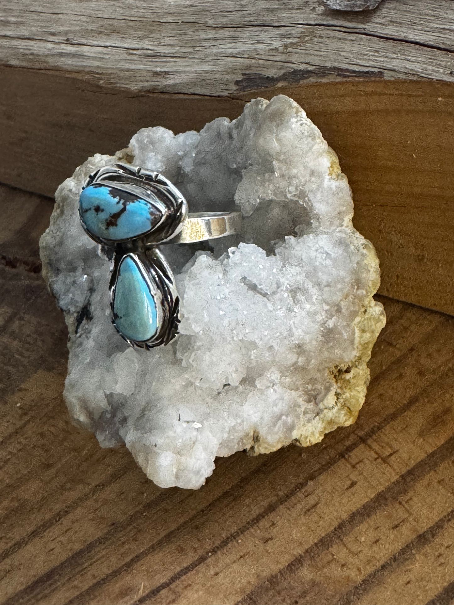 Dual Stone Ring - Golden Hills Turquoise - Sterling Silver - Size Adjustable