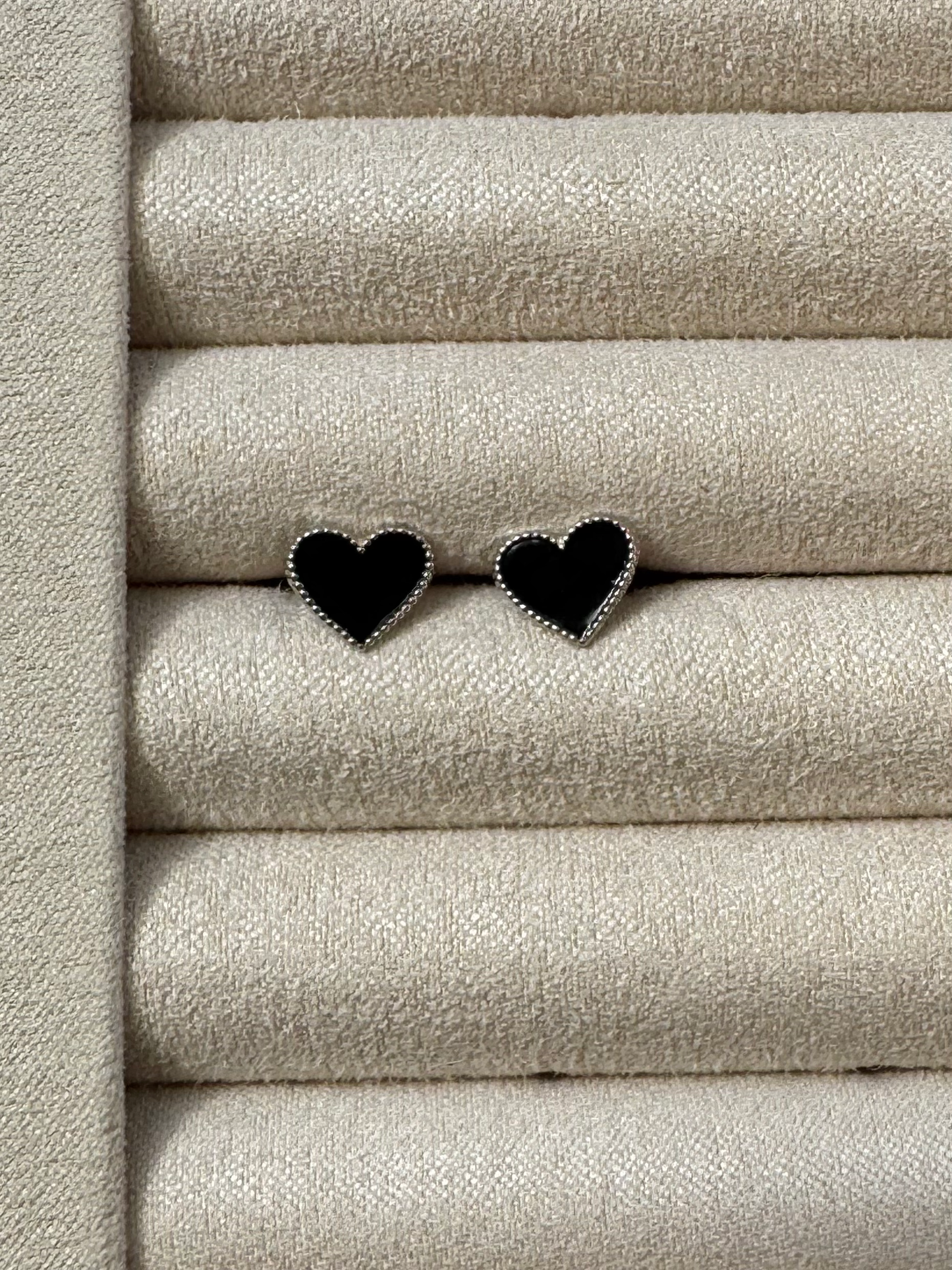 Enamel Black Heart Screw Back Earrings - Sterling Silver - Rhodium Plated