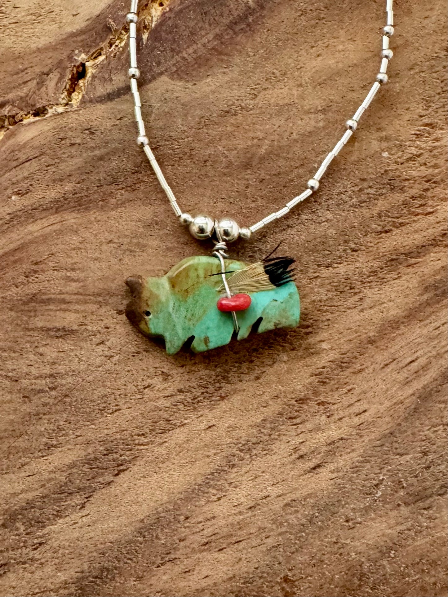 Liquid Silver Turquoise Buffalo with Feather - Length 17"- Sterling Silver
