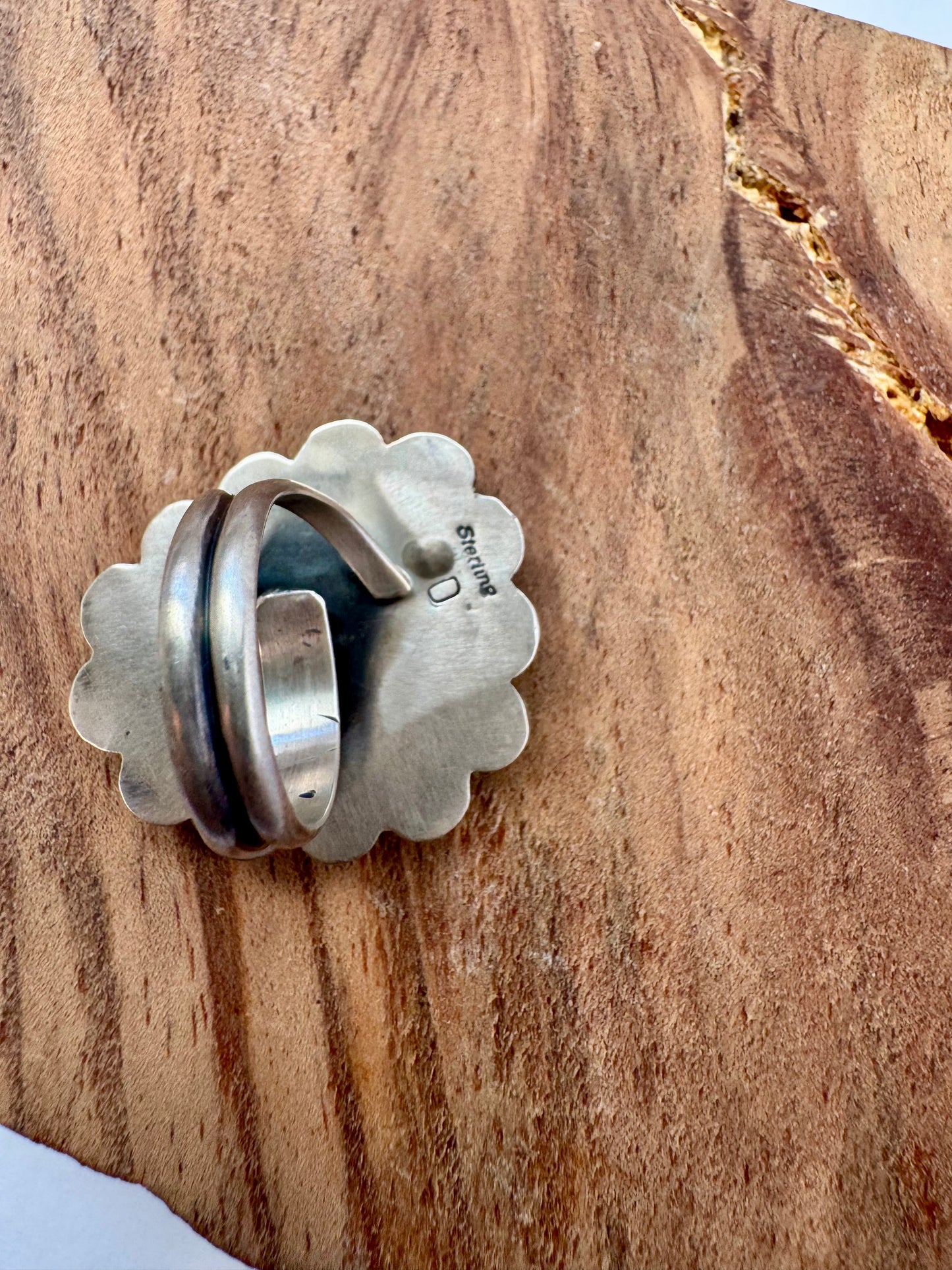 Large Scalloped Royston Turquoise Ring - Sterling Silver - Native Handmade - D (Artist) - Size Adjustable