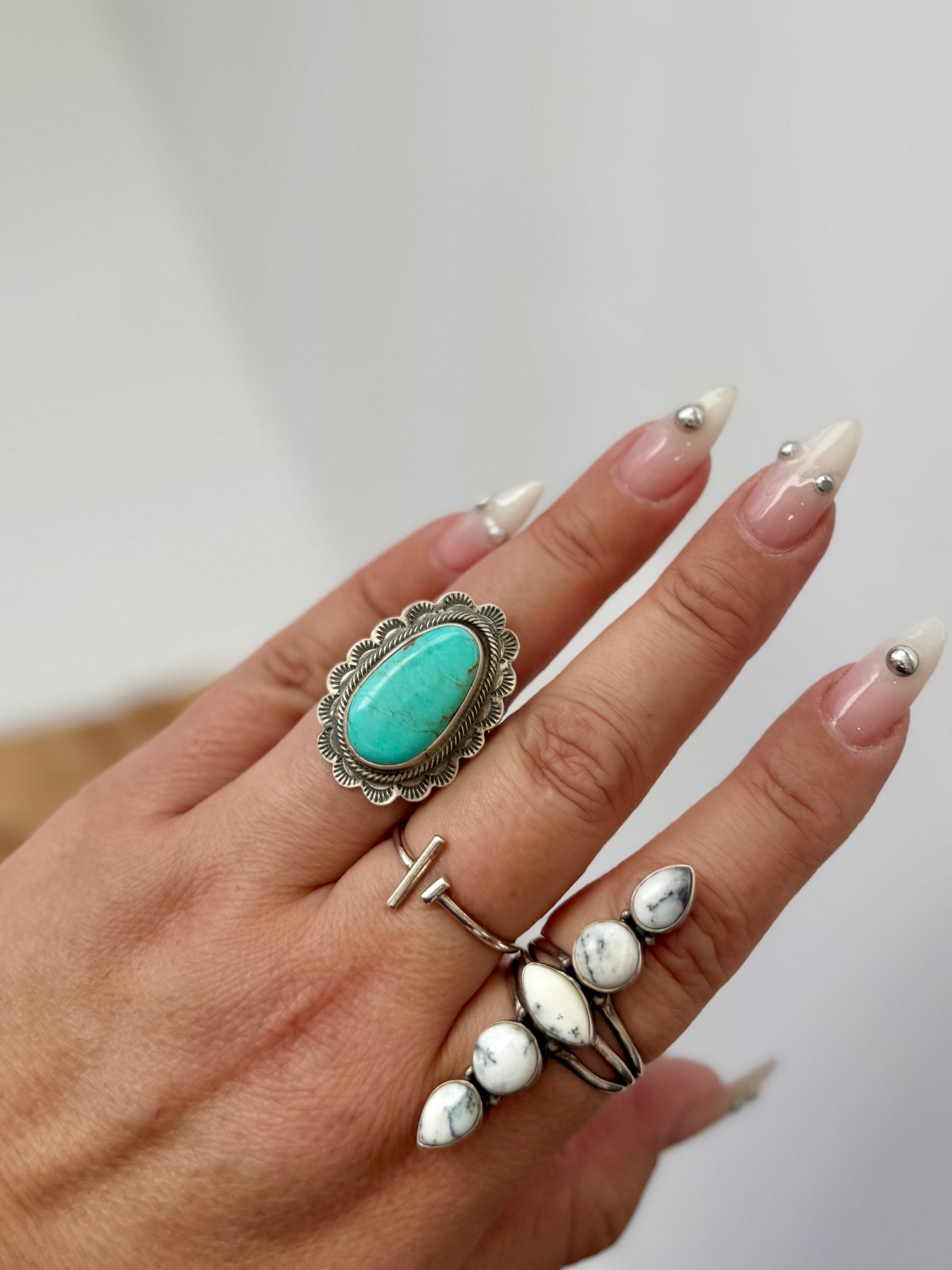 Oval Turquoise Ruffle Ring - Sterling Silver - Native Handmade - Jameson Garcia (Artist) - Size Adjustable