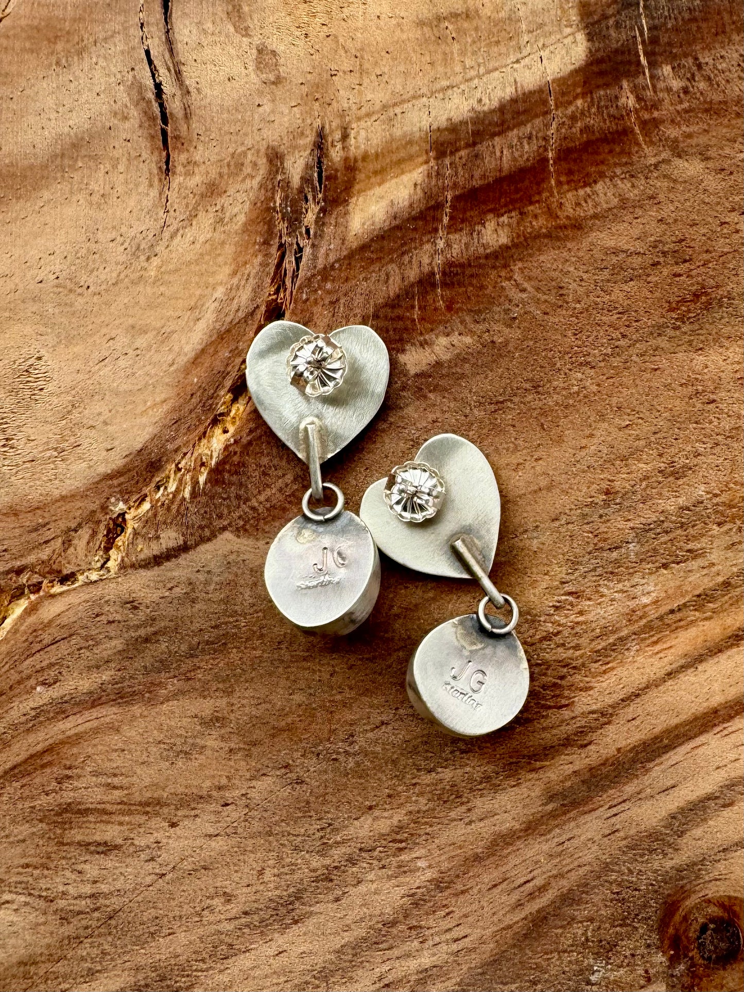 Golden Hills Turquoise Heart Dangling Earrings - Sterling Silver - Native Handmade - JG (Artist)