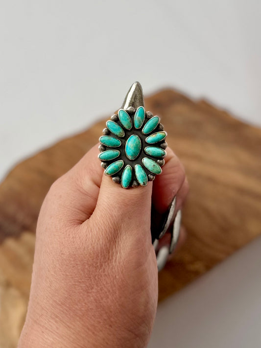 Tyrone Turquoise Cluster Ring - Sterling Silver - Native Handmade - Dine (artist) - Size 8.5