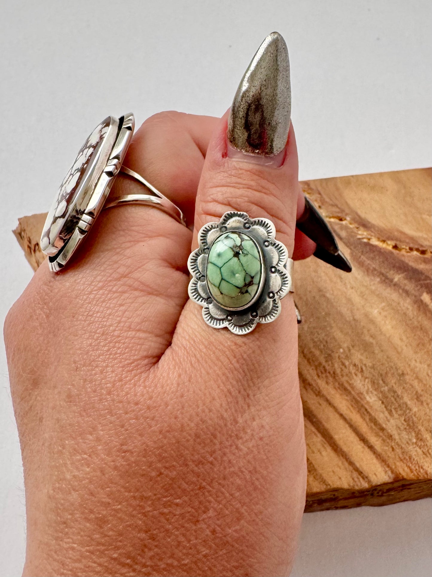 Flower Variscite Ring - Sterling Silver - Native Handmade - Scott Skeets - Size 9 adjustable