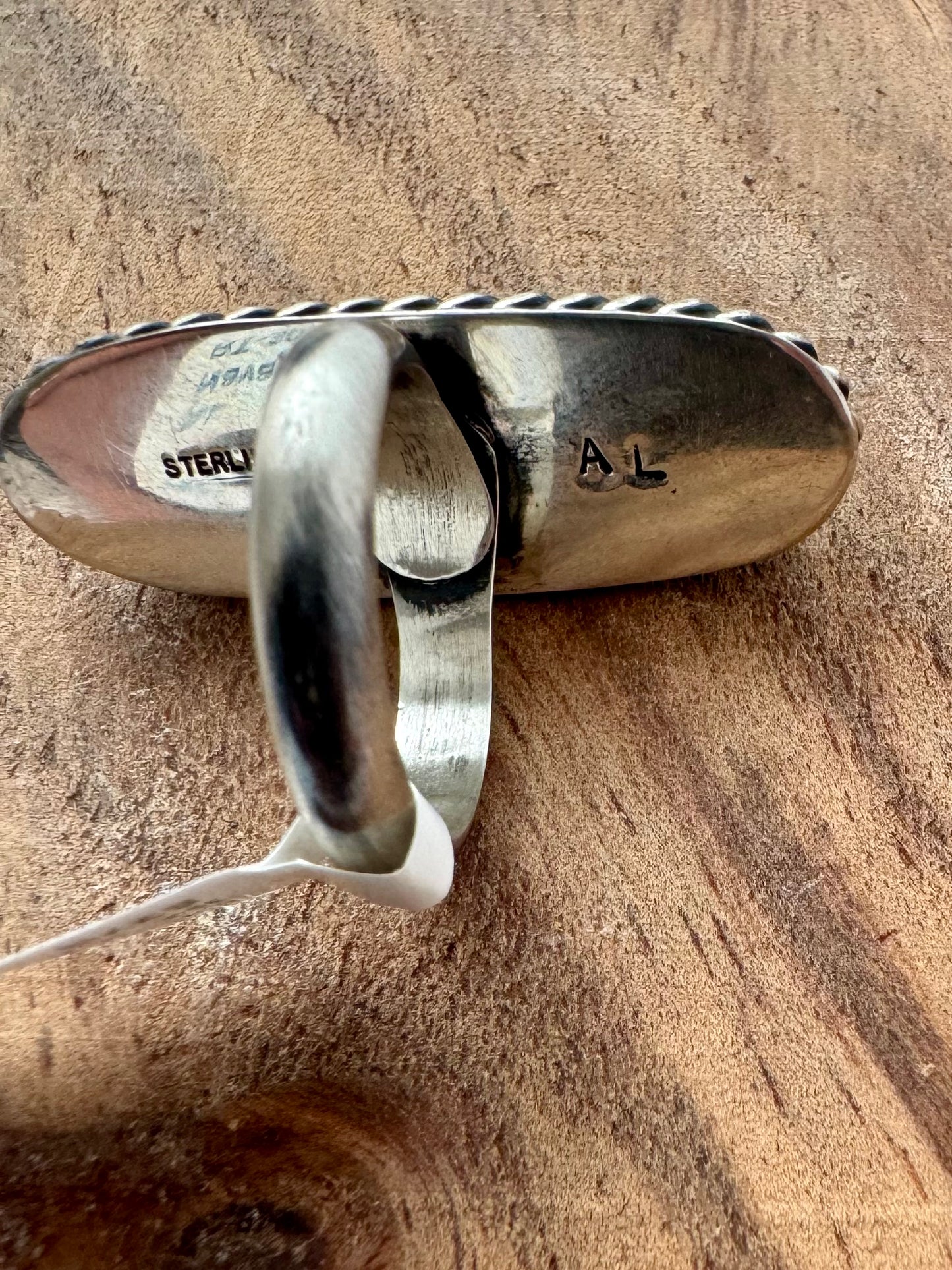 Tyrone Turquoise Oval Ring - Sterling Silver - Native Handmade - AL (artist) - Size 8 adjustable