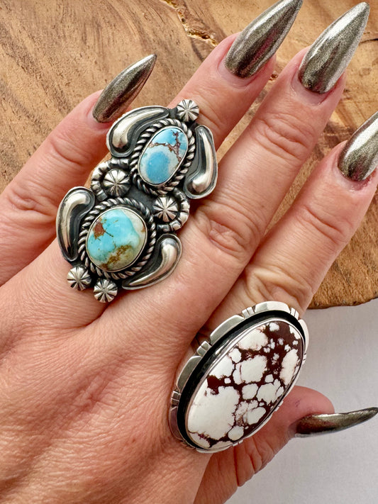 Golden HIlls Turquoise Dual Stone Ring - Sterling Silver - Native Handmade - Jeff James Jr (artist) - Size 9