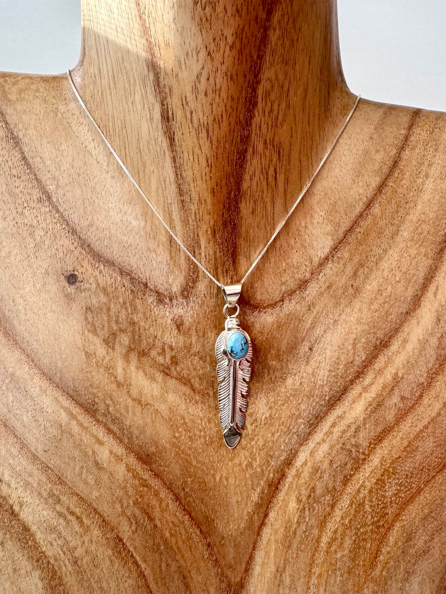 Golden Hills Turquoise Feather Pendant and Chain - Sterling Silver - Native Handmade - June Delgarito (artist) - 18"