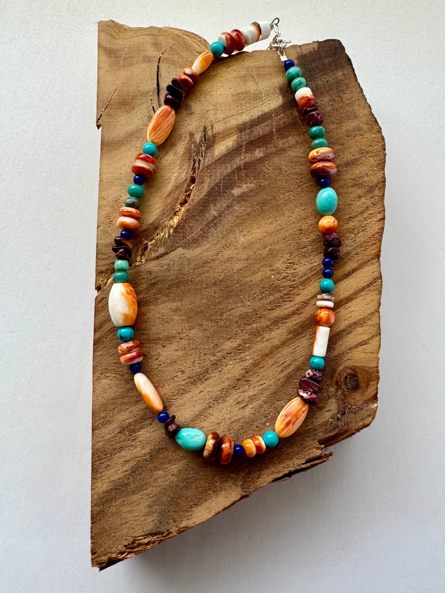 Multi-bead Treasure Necklace -Spiny oyster, Turquoise, Lapis-Length 15-17"