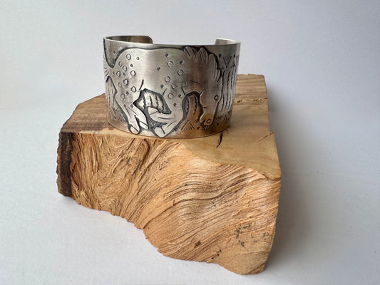 Large Sterling Silver Horse Cuff Bracelet -Artist- M. Willie -Size 7.15" w/ opening