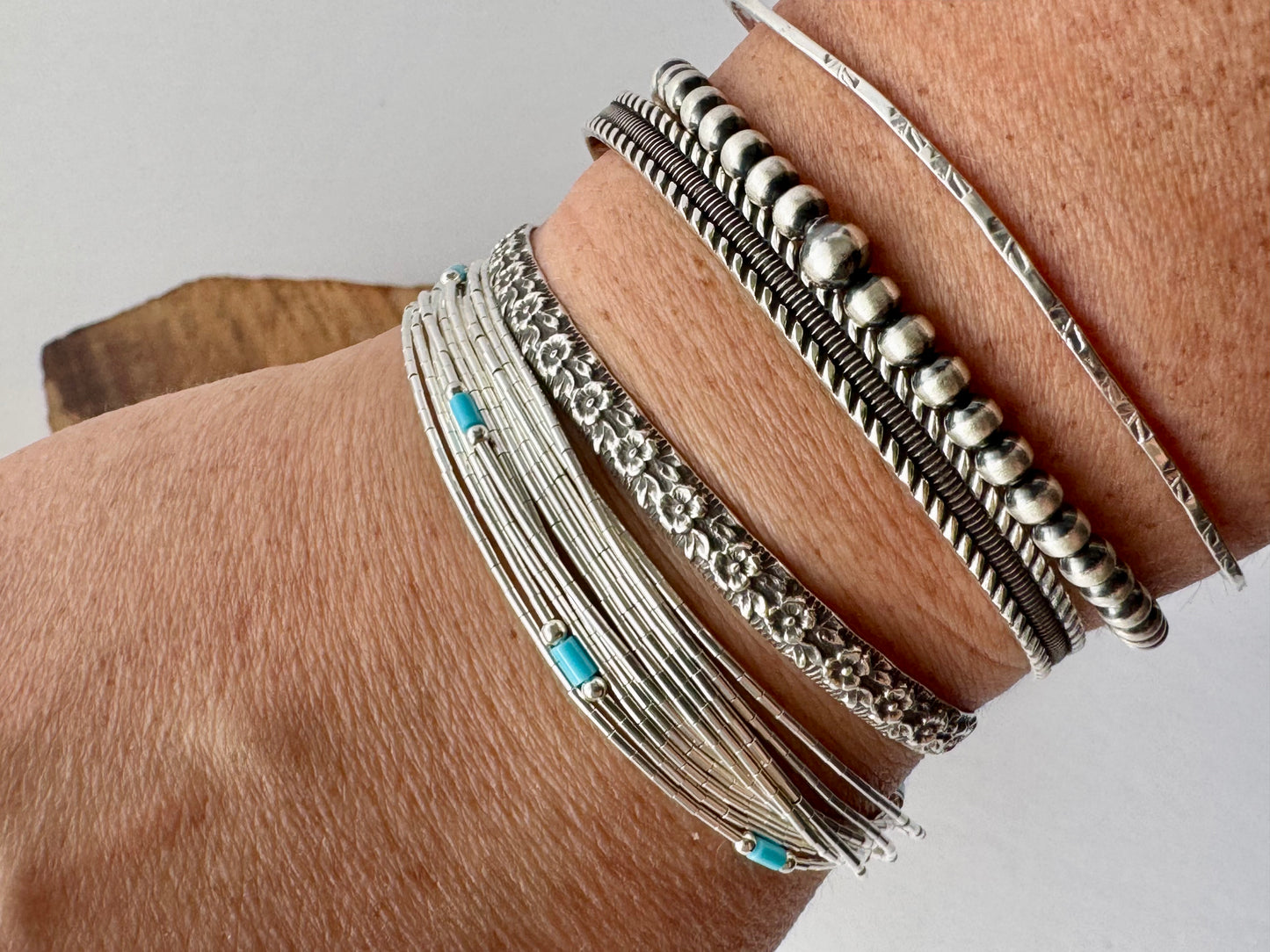 Liquid Silver 10 strand Bracelet with Turquoise -Length 7-8"