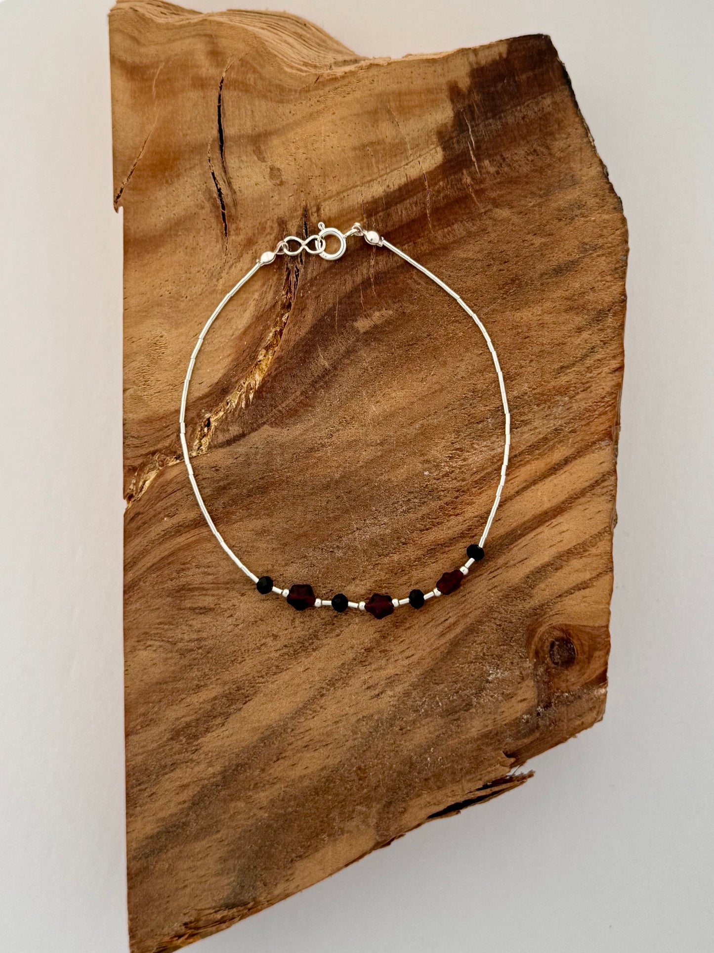 Liquid Silver Red Garnet Stars Anklet -Length 9"