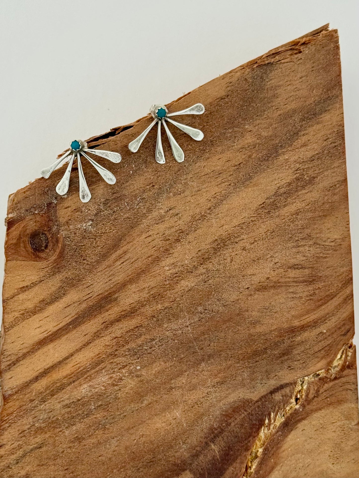 Vintage 1970s Half Sunburst Earrings with Turquoise Accent- Dine Handmade