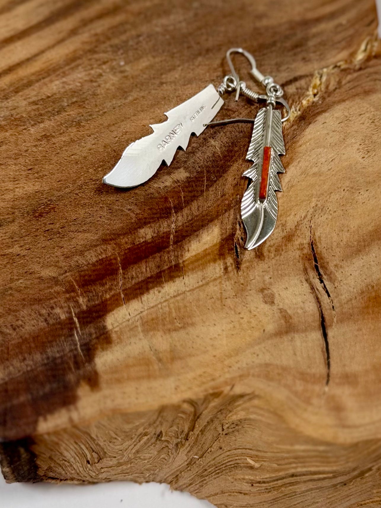 Feather Earrings with Orange Spiny Oyster - Sterling Silver - Native Handmade - BARNE (artist)