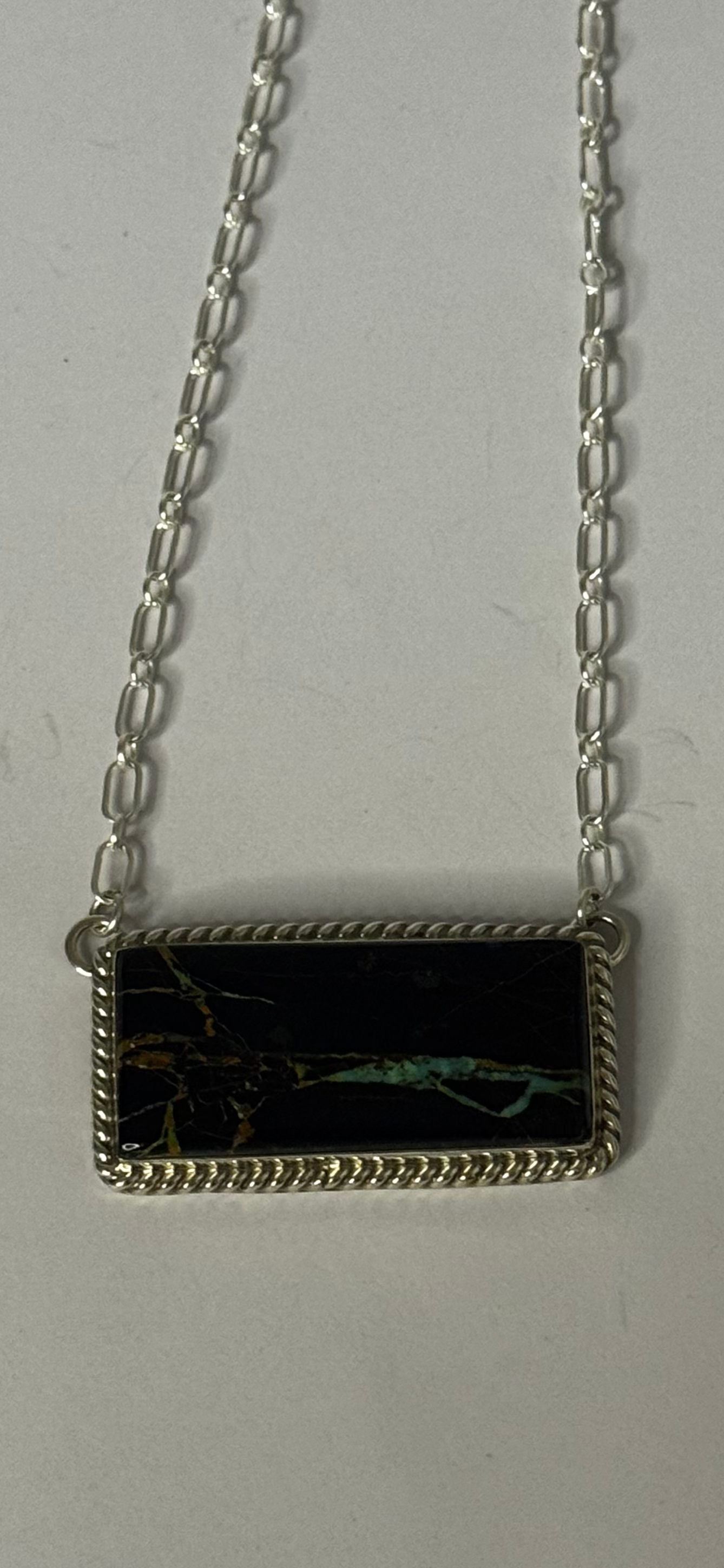 Bar Necklace with Stone - Black Jack - Sterling Silver - Native Handmade - E.M. Linkin (artist)