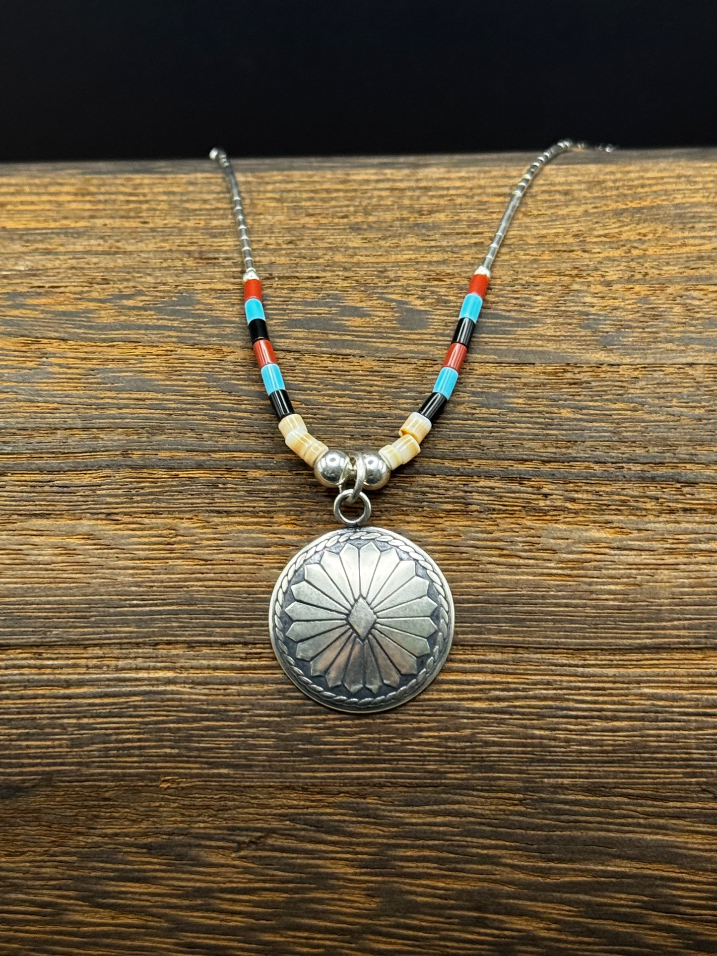 Concho Liquid Silver Necklace - Multi Color Beads - Sterling Silver