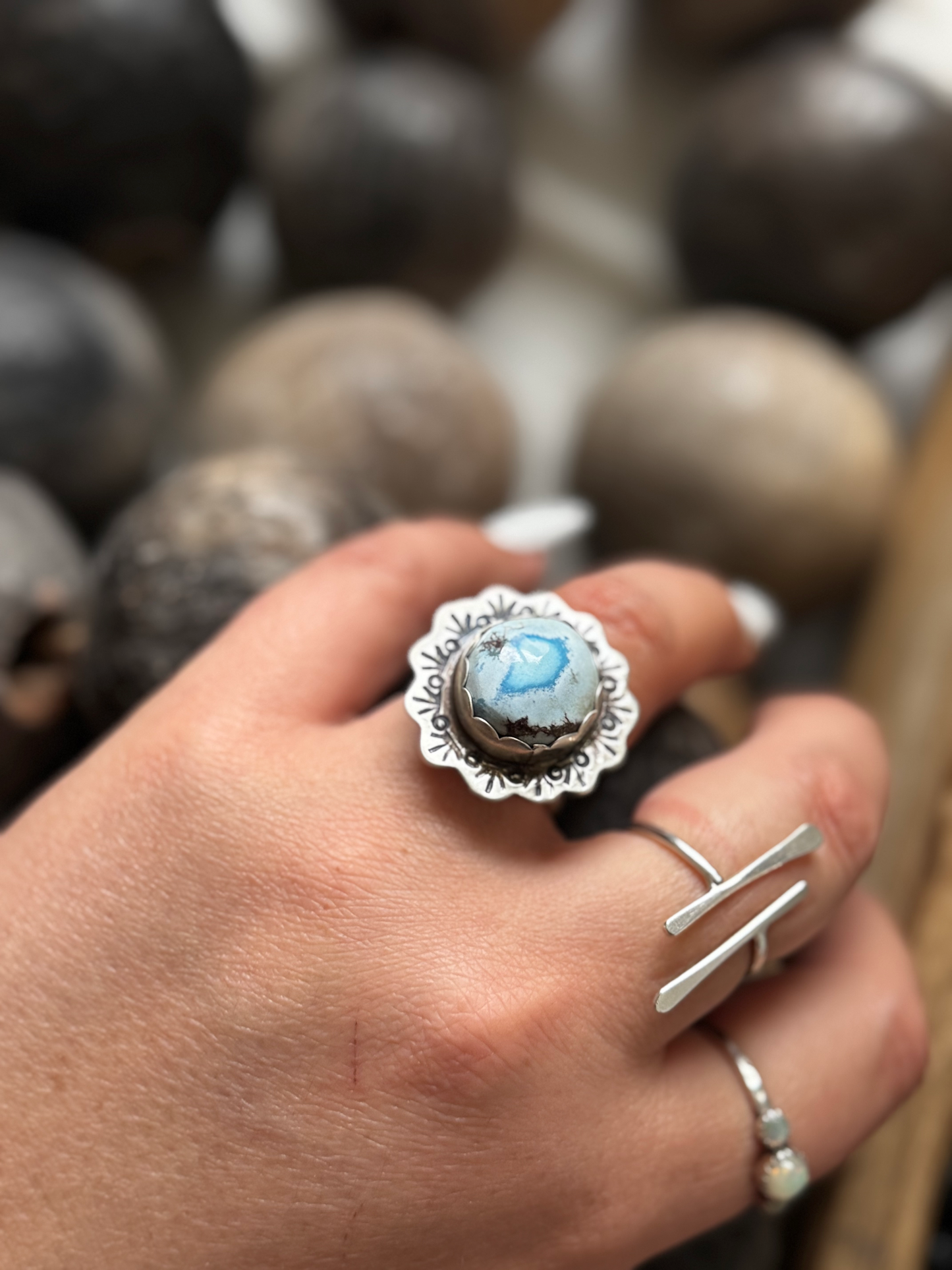 Round Ring with Ruffles - Golden Hills Turquoise - Native Handmade - Artist Not Specified - Size Adjustable