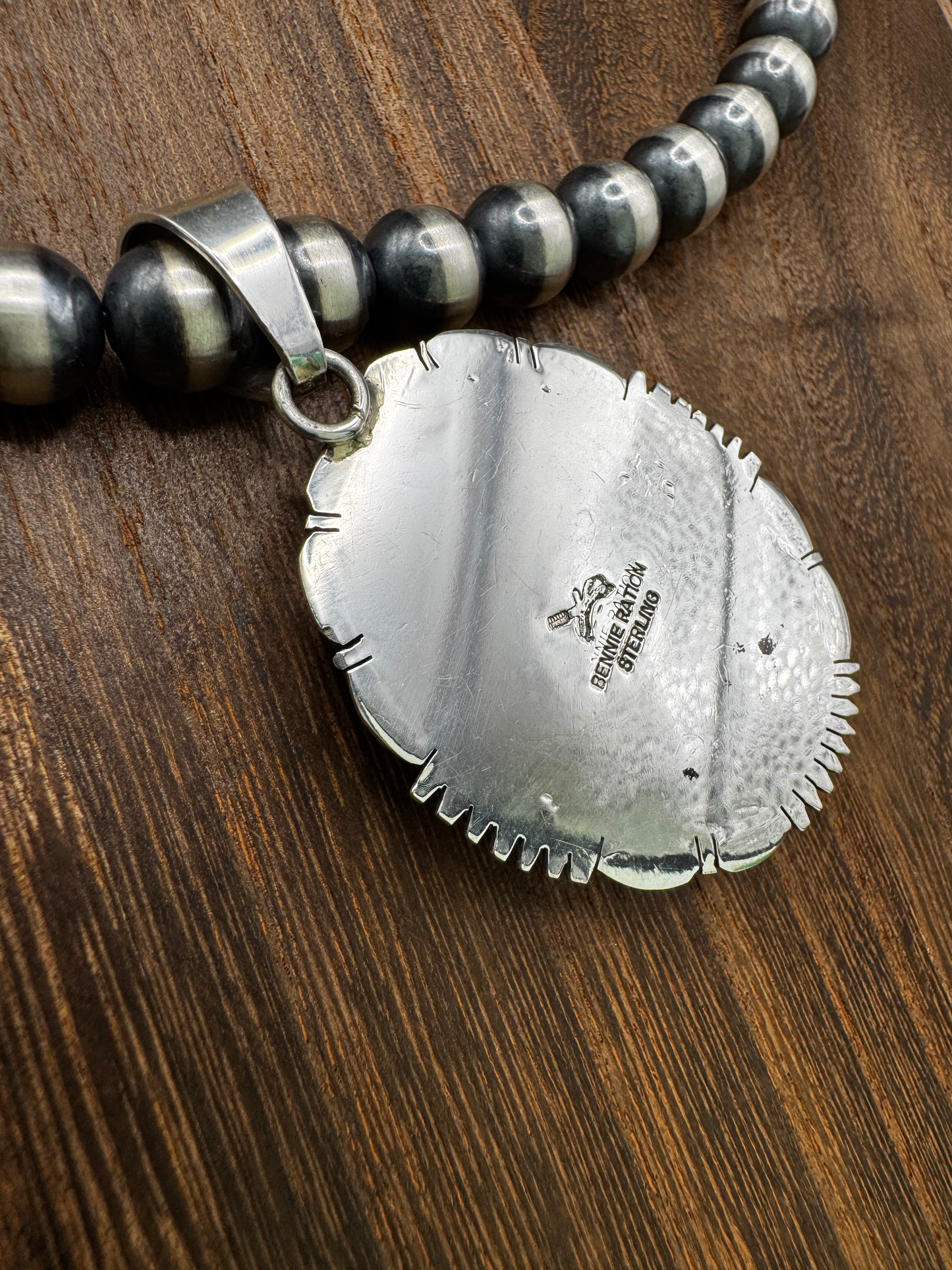 Oval Pendant with Scallops - White Horse - Sterling Silver - Native Handmade - Bennie Ration (artist)