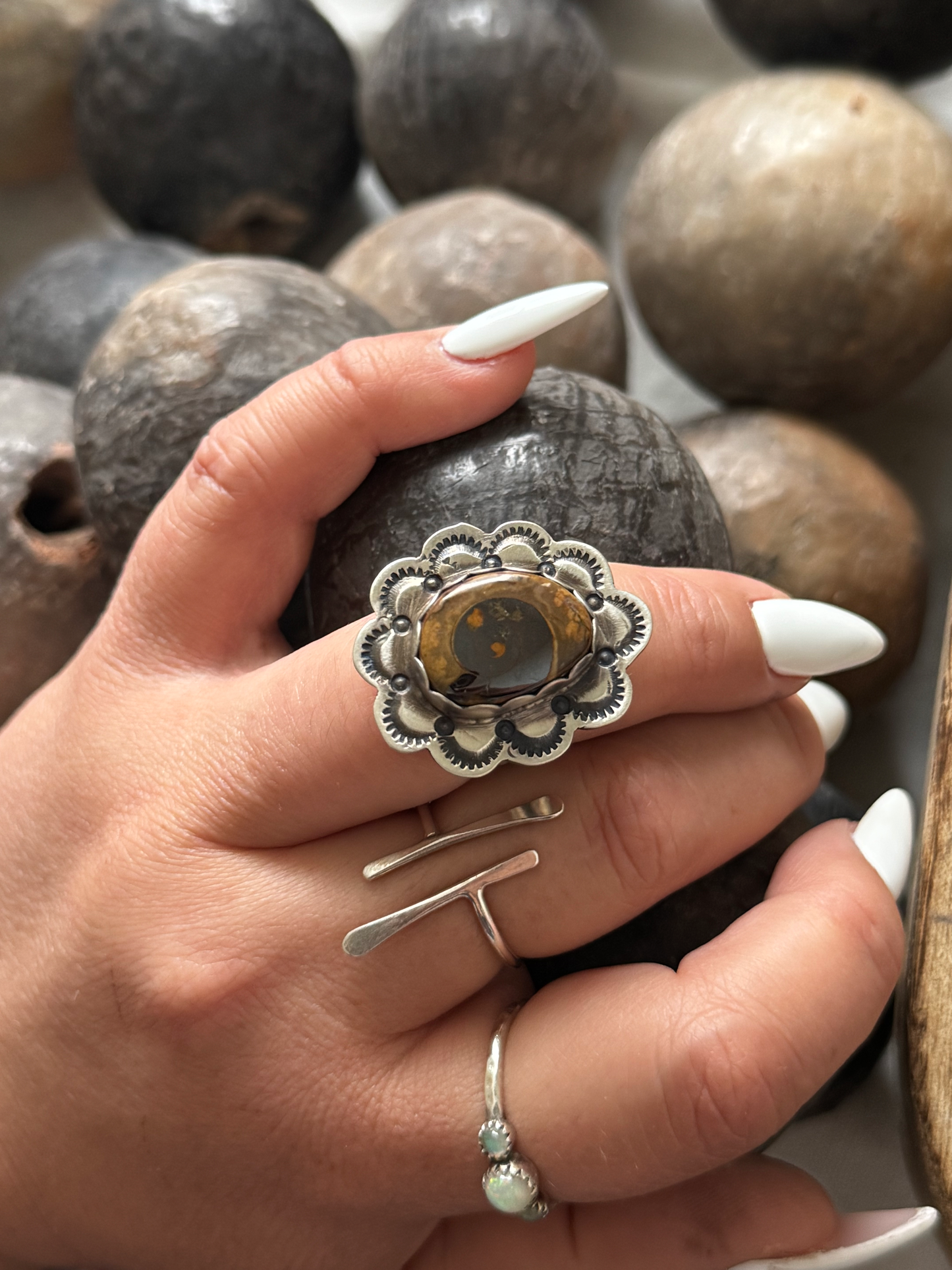 Ring with Ruffles - Fossil - Sterling Silver - Native Handmade - HH (artist) - Size Adjustable