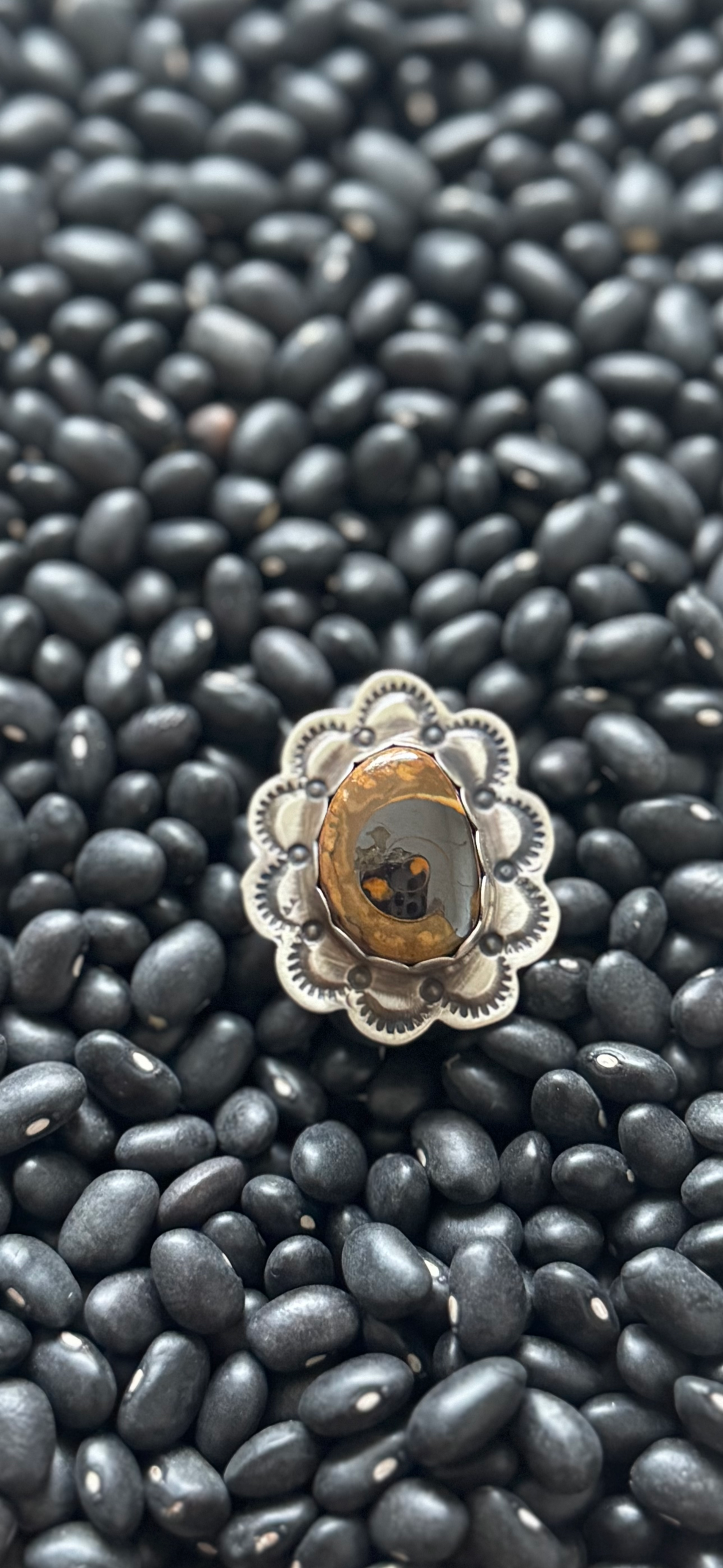 Ring with Ruffles - Fossil - Sterling Silver - Native Handmade - HH (artist) - Size Adjustable