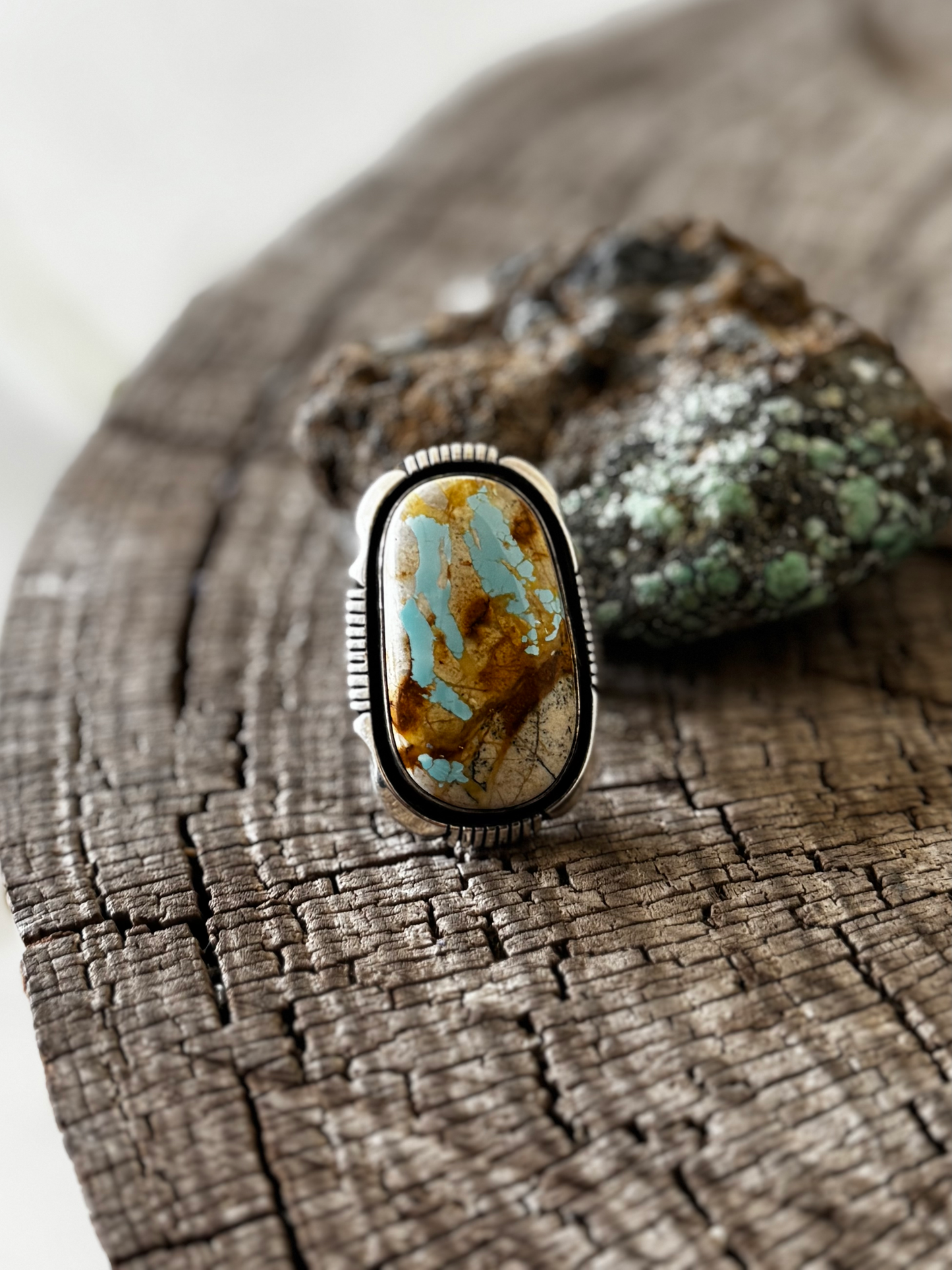 Oval Ring - Boulder Turquoise - Sterling Silver - Navajo Handmade - Lonnie Willie - Size 7.75