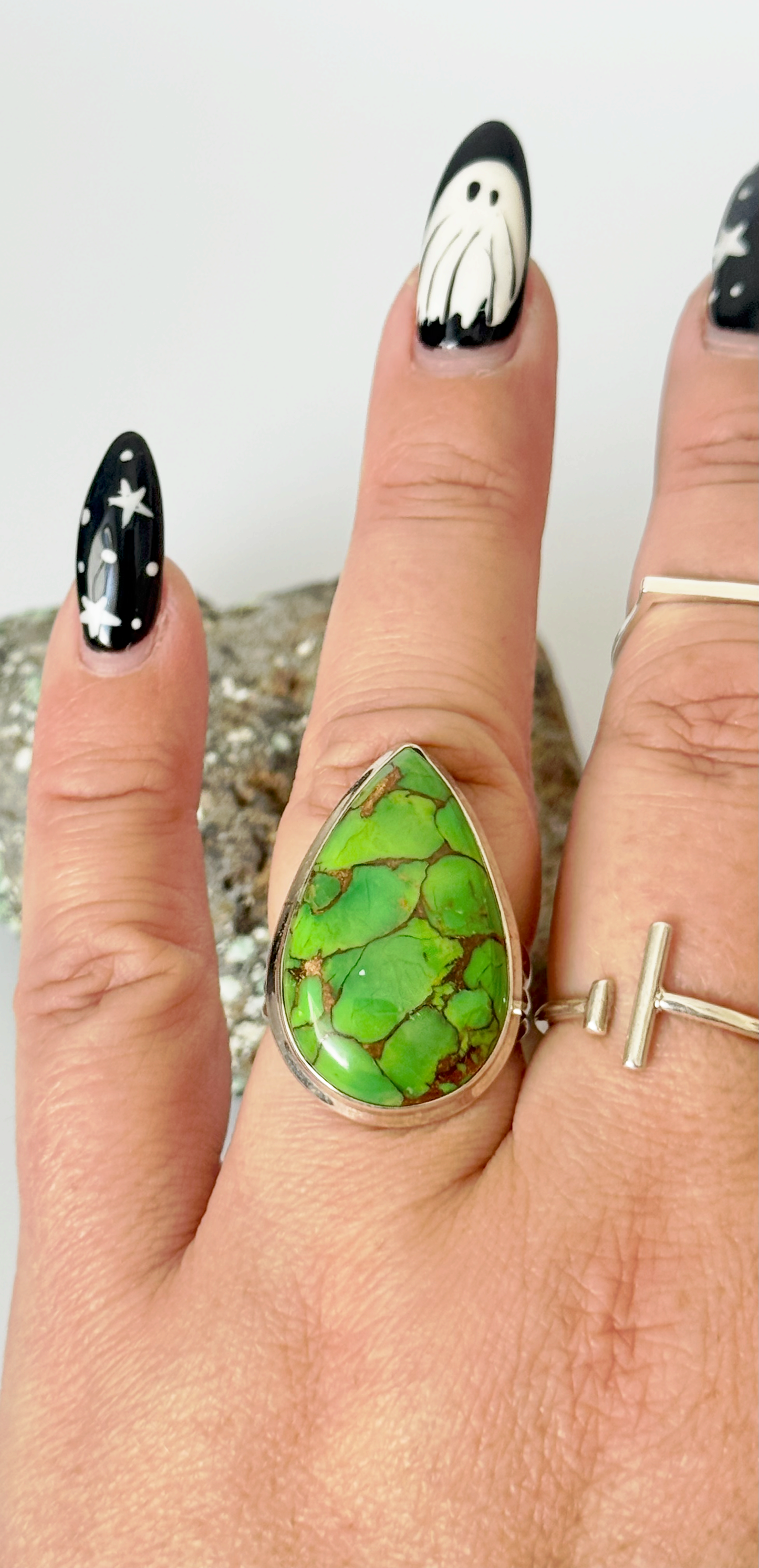 Green Copper Turquoise Teardrop Ring - Sterling Silver - Size 8