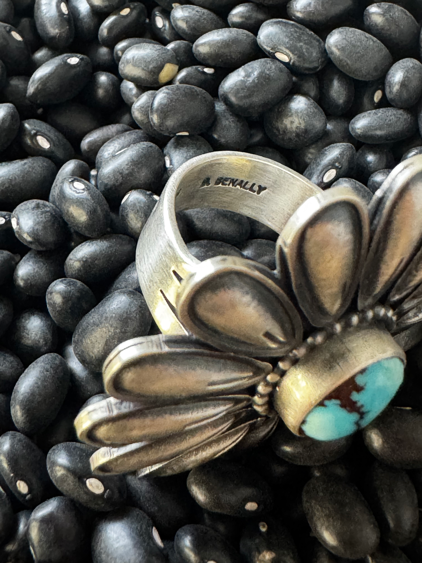 Daisy Shaped Ring - Golden Hills Turquoise - Sterling Silver - Native Handmade - Benally (artist) - Size 10
