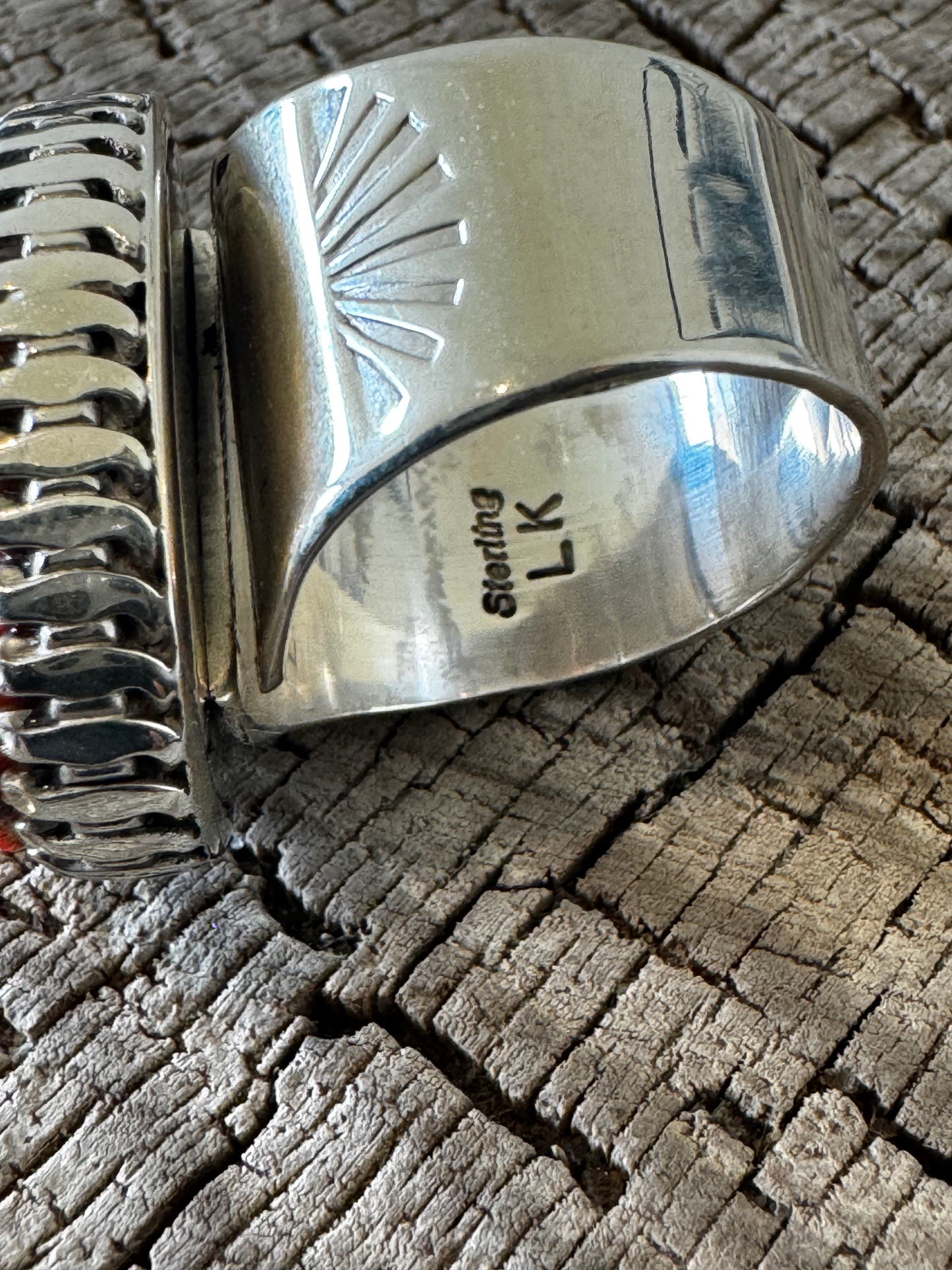 Oval Ring - Inlay with Orange Spiny Oyster - Sterling Silver - Navajo Handmade - LK (artist) - Size Adjustable