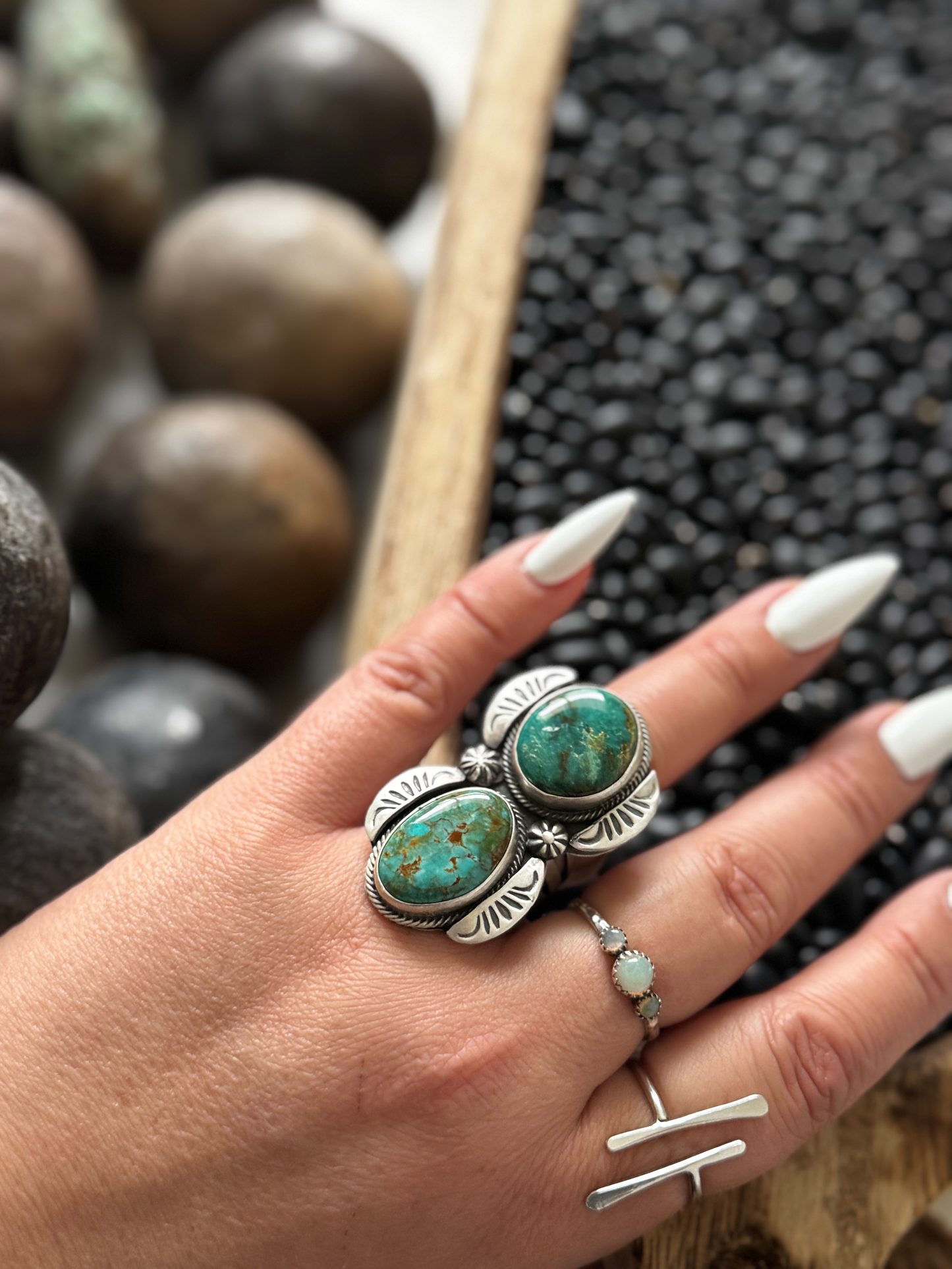 Two Stone Ring - King Manassa Turquoise - Sterling Silver - Native Handmade - Tom Loy (artist) - Size 8.5