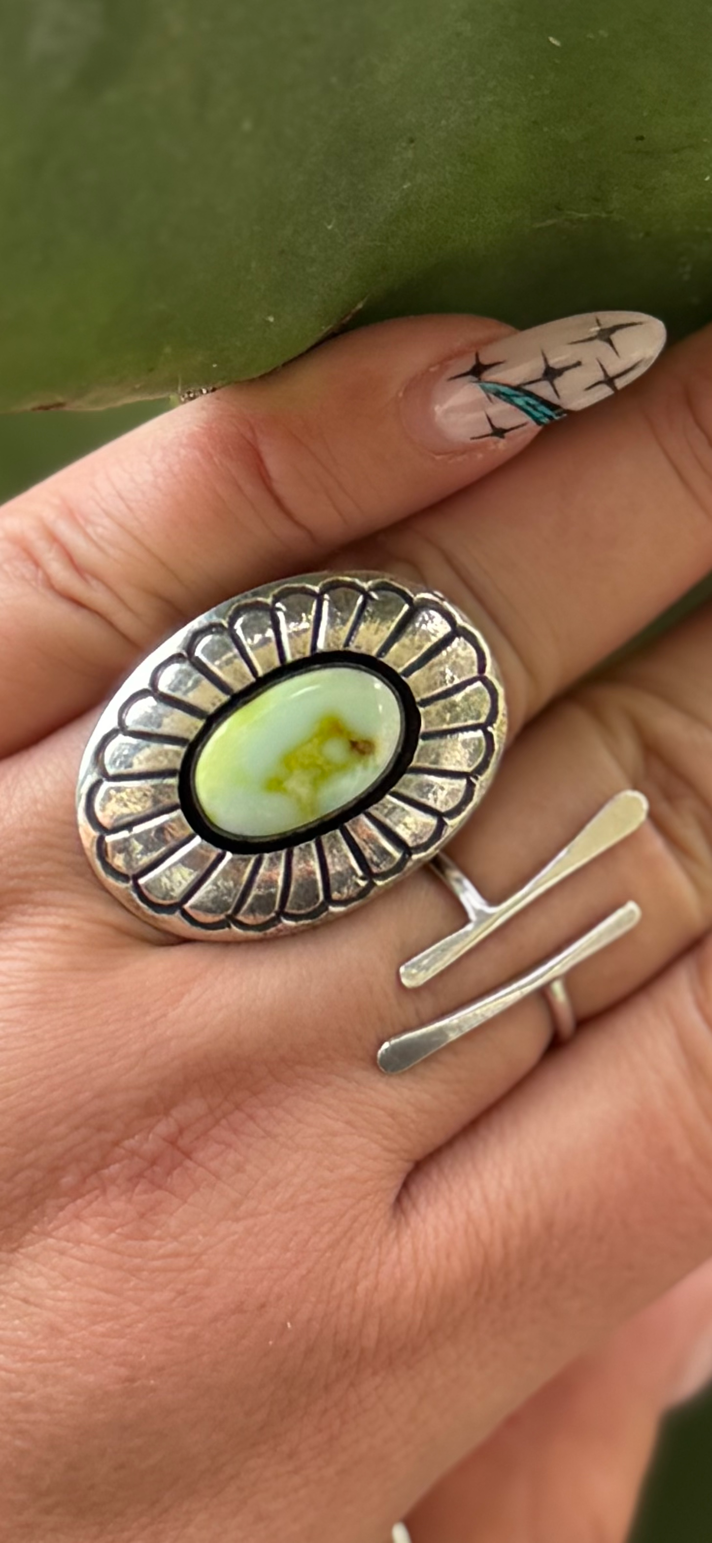 Oval Concho Ring - Palomino Turquoise - Sterling Silver - Native Handmade - B. Haley (artist) - Size 10
