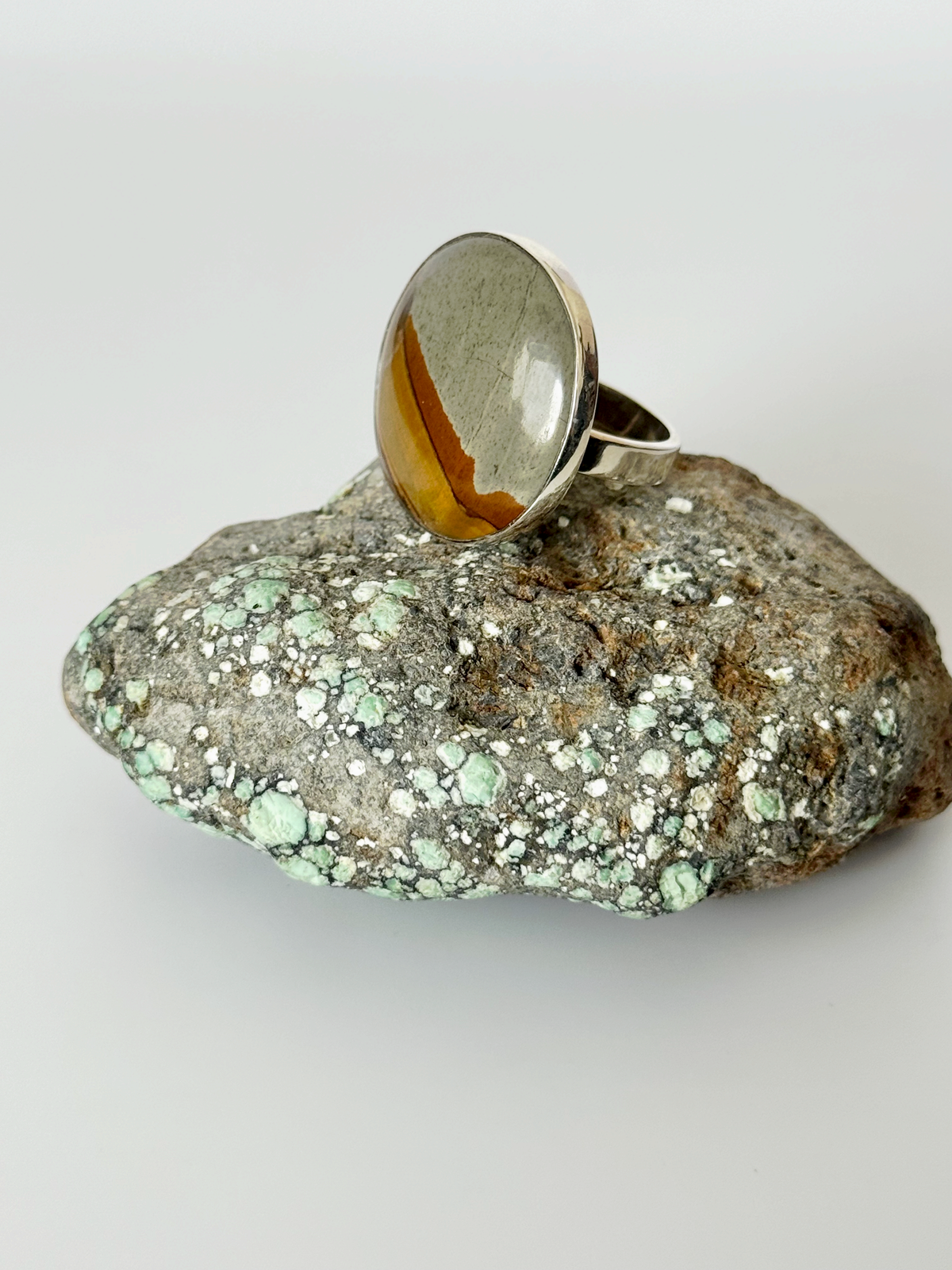 Picture Jasper Round Ring- Sterling Silver - Size 8/Adjustable