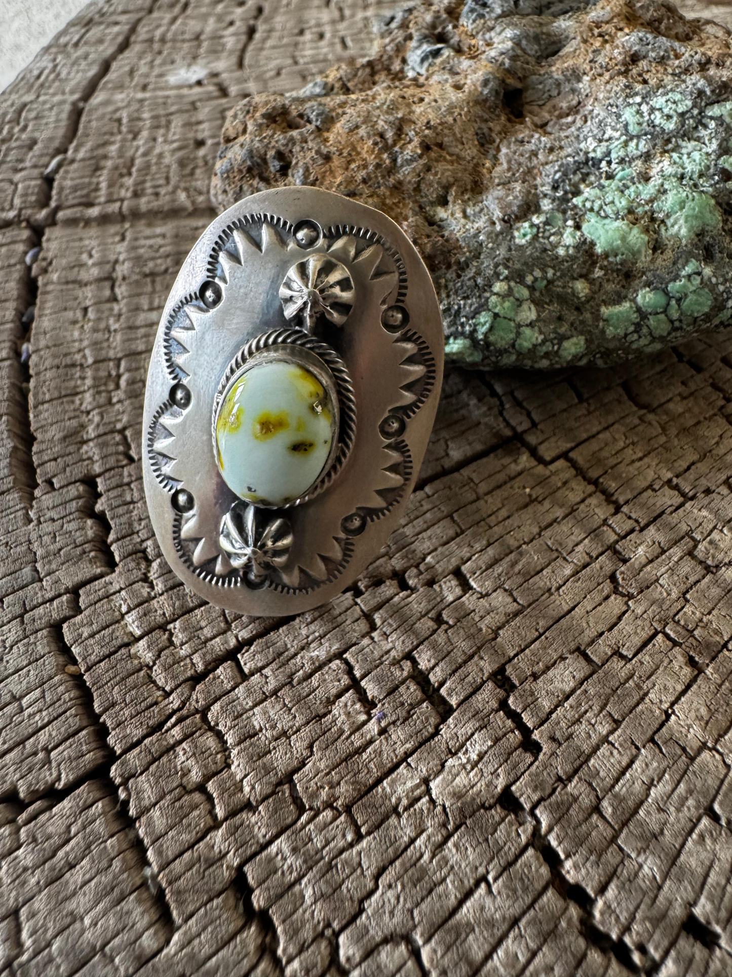 Oval Shield Ring - Palomino Turquoise - Sterling Silver - Native Handmade - Bob Becenti (artist) - Size Adjustable