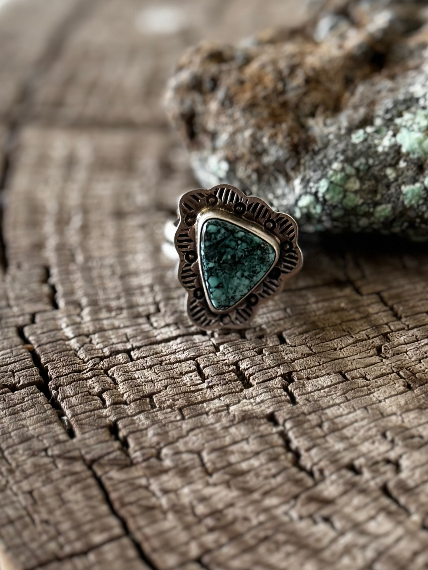 Triangular Ruffle Ring - Prince Turquoise - Sterling Silver - Native Handmade - Arrow Symbol (artist) - Size Adjustable