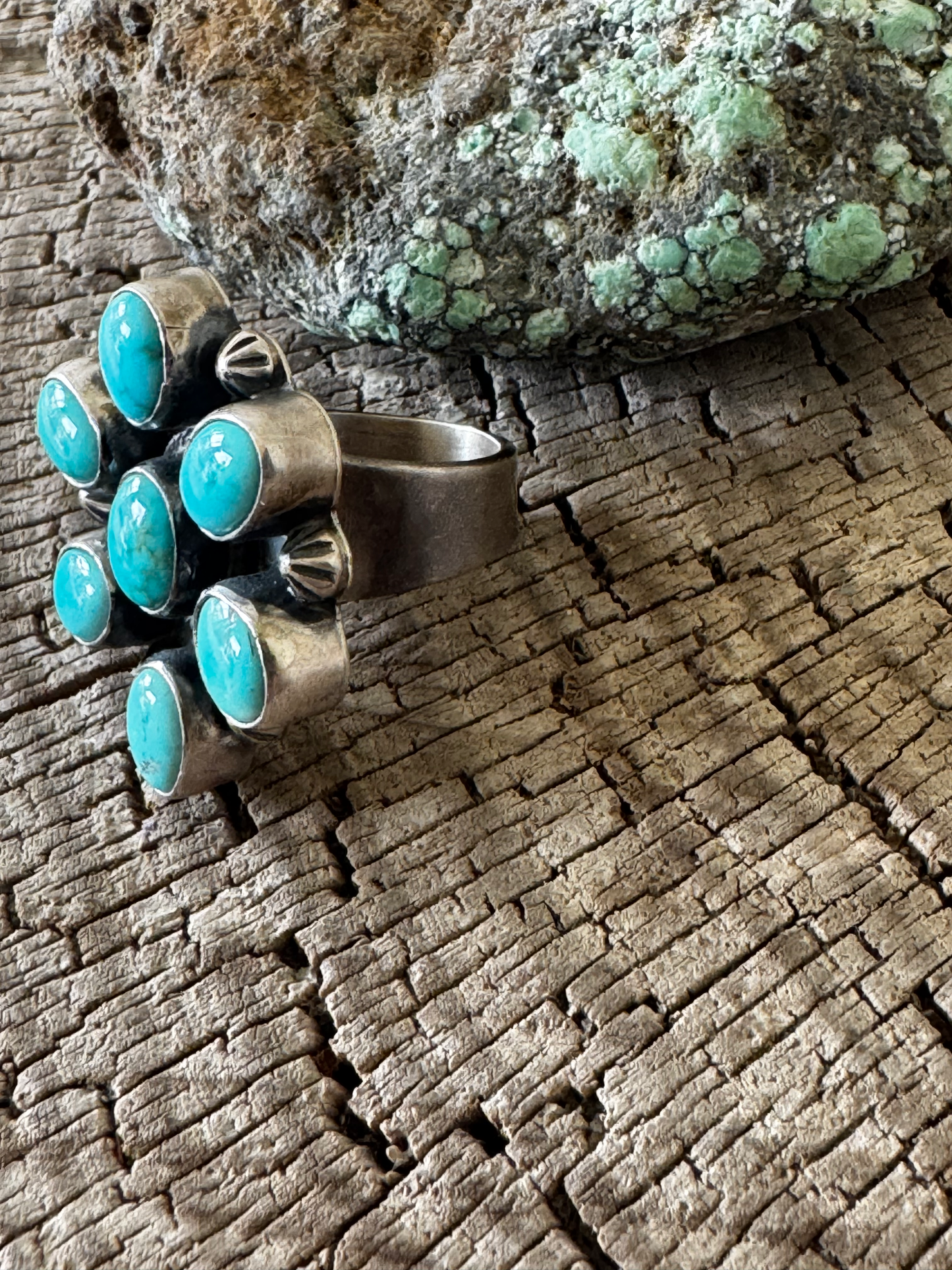 Cluster Turquoise Ring - Sterling Silver - Native Handmade - Kathleen Livingston (artist) - Size 8