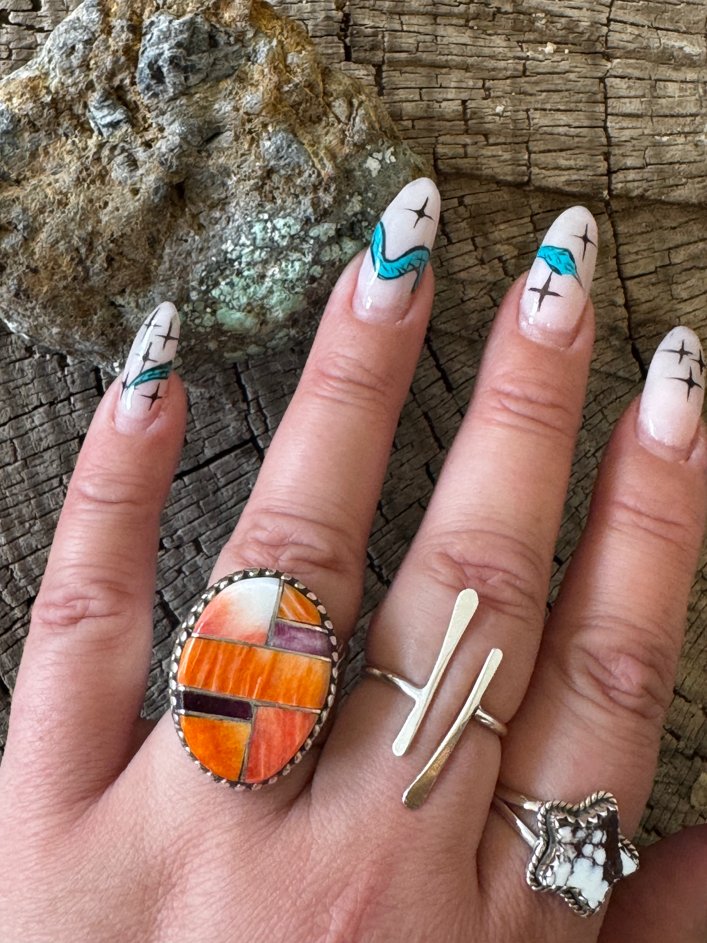 Oval Ring - Inlay with Orange Spiny Oyster - Sterling Silver - Navajo Handmade - LK (artist) - Size Adjustable