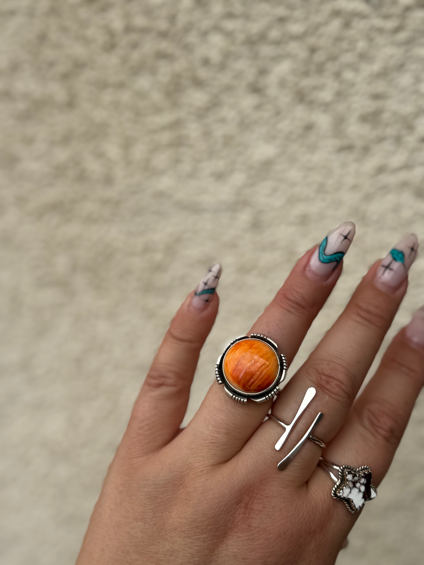 Round Ring - Orange Spiny Oyster - Sterling Silver - Native Handmade - JG (artist) - Size Adjustable